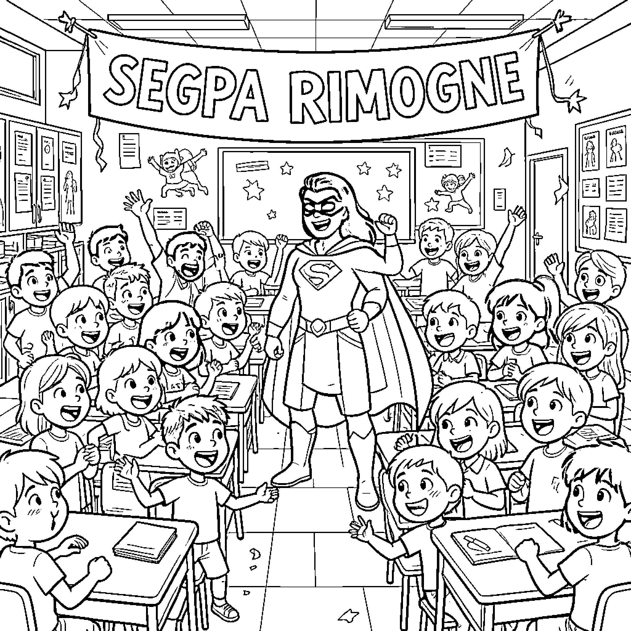Students excited to see their superhero teacher Coloring Page (free black-and-white line drawing printable PDF for all, from beginners to advanced learners, including children, teens, adults, and seniors)