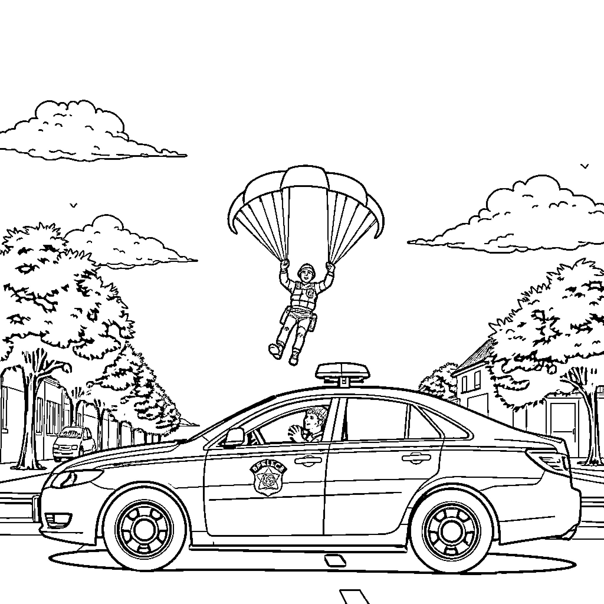 Parachutist descends near police car in urban setting Coloring Page (free black-and-white line drawing printable PDF for all, from beginners to advanced learners, including children, teens, adults, and seniors)