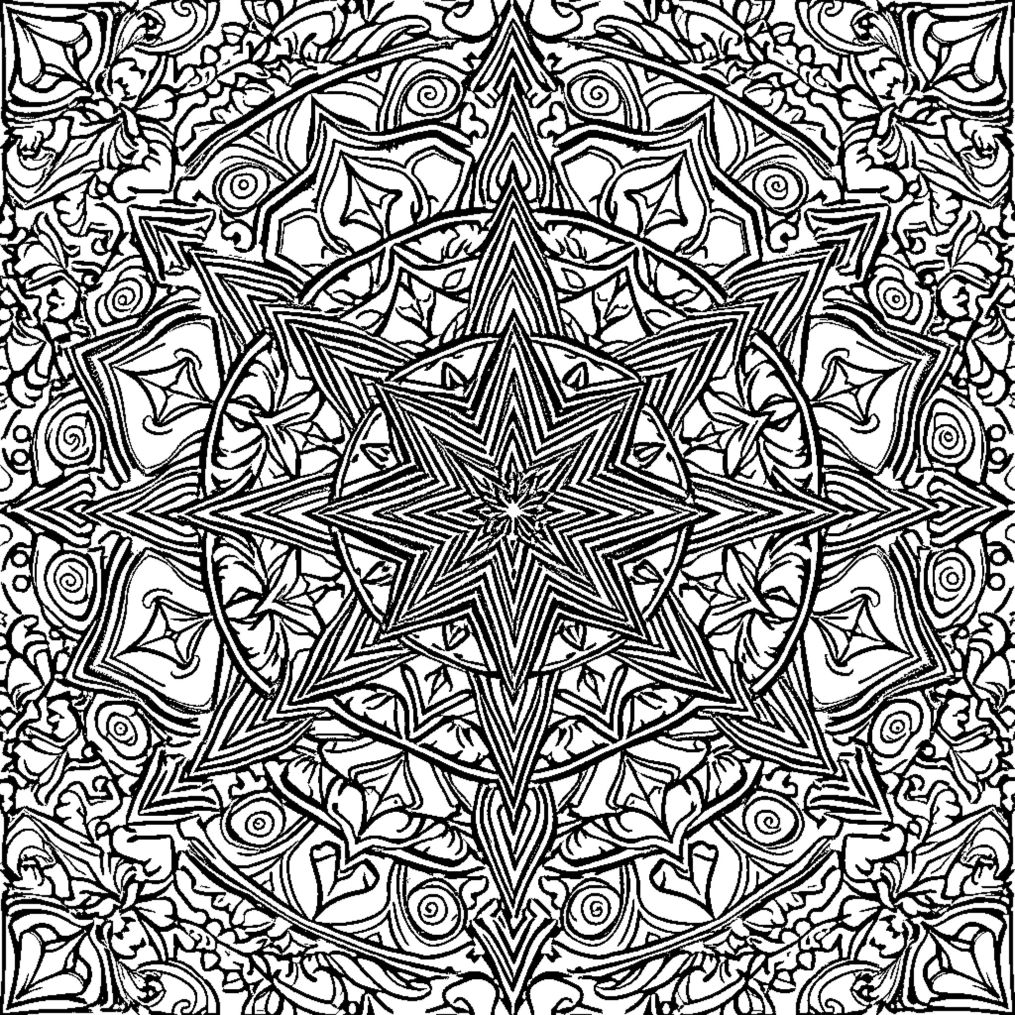 Geometry of Intricate Floral Patterns Coloring Page (free black-and-white line drawing printable PDF for all, from beginners to advanced learners, including children, teens, adults, and seniors)