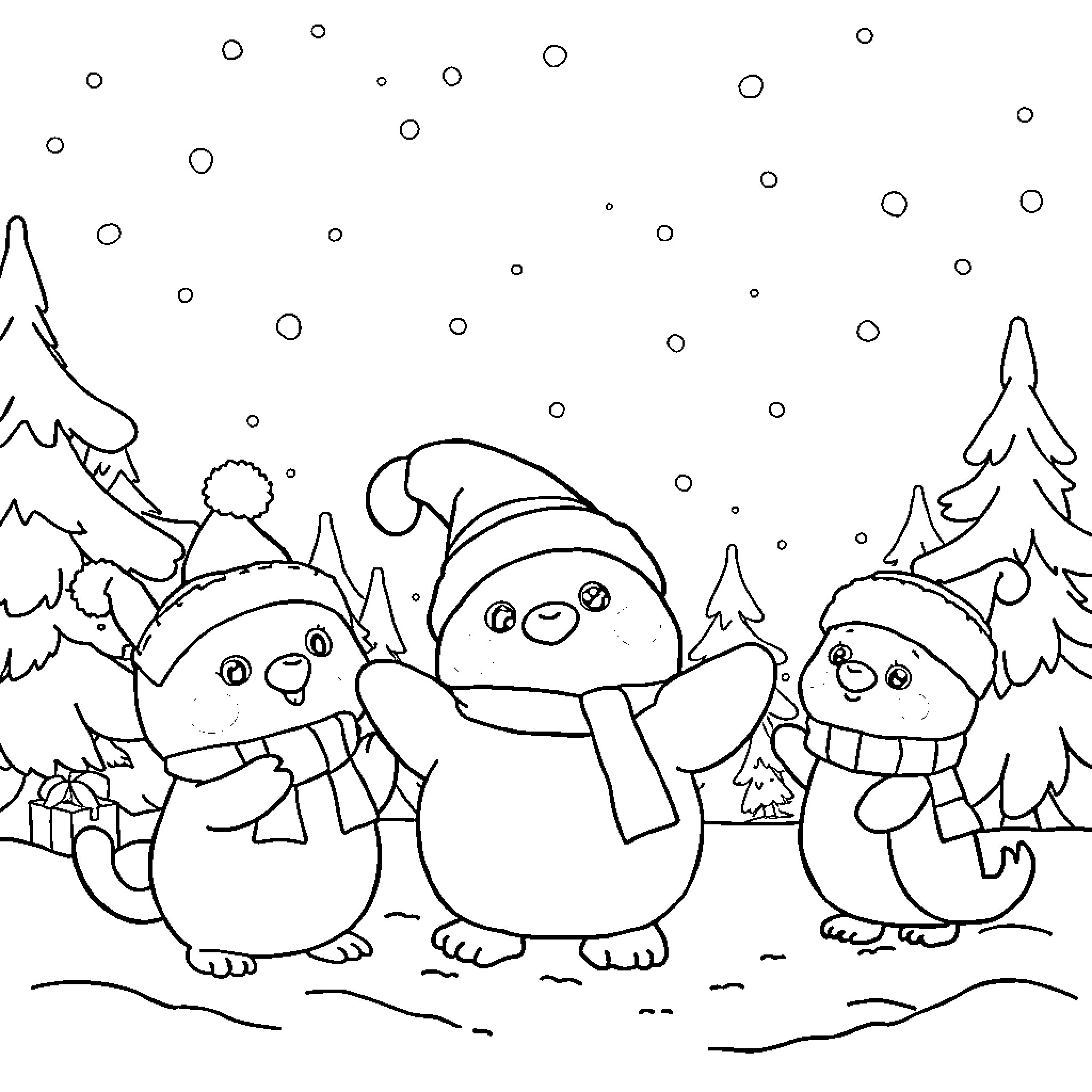 Pororo and Friends Enjoy Winter Wonderland Coloring Page (free black-and-white line drawing printable PDF for all, from beginners to advanced learners, including children, teens, adults, and seniors)