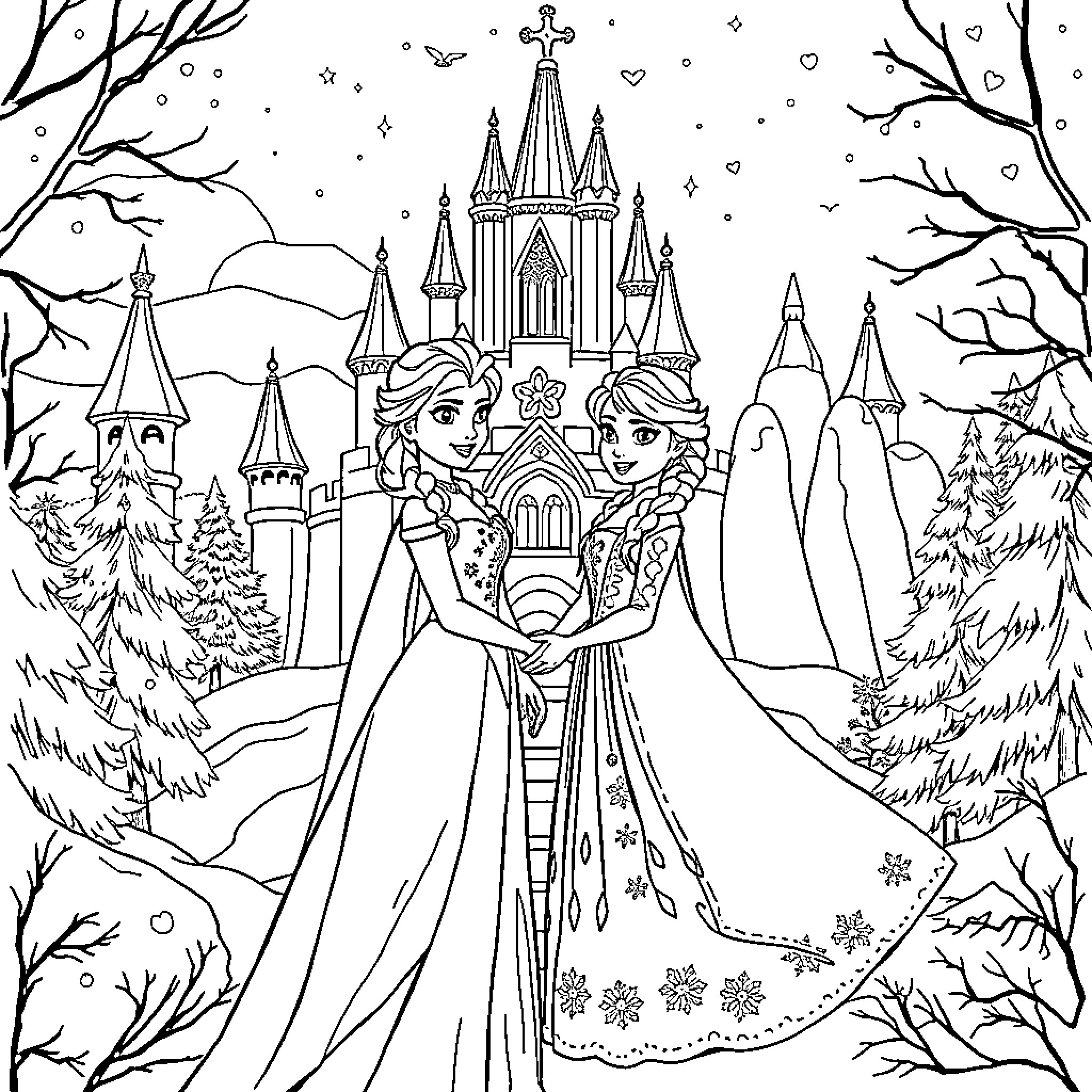 Elsa and Anna in a Winter Wonderland Coloring Page (free black-and-white line drawing printable PDF for all, from beginners to advanced learners, including children, teens, adults, and seniors)
