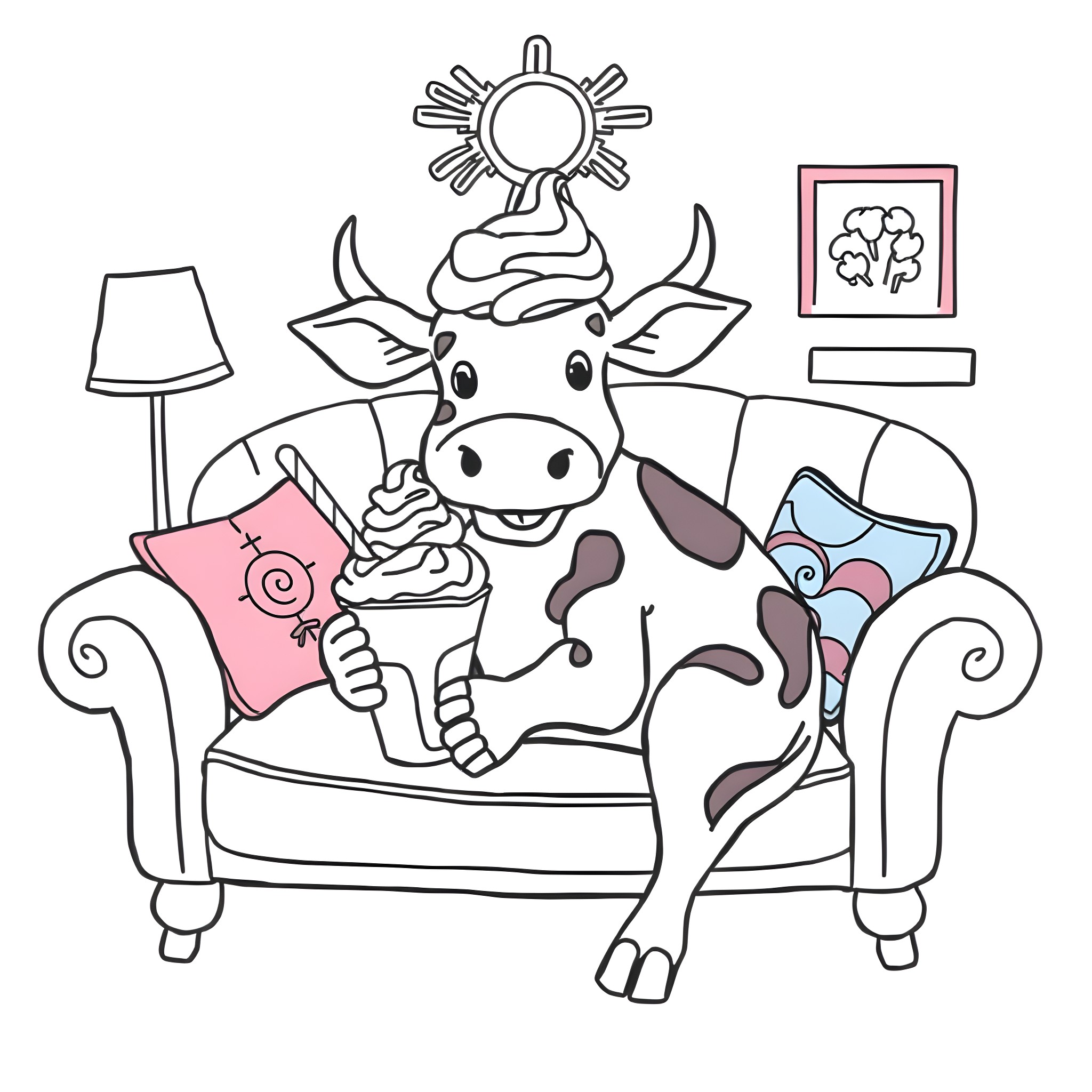Cow relaxing on couch with snacks Coloring Page (free black-and-white line drawing printable PDF for all, from beginners to advanced learners, including children, teens, adults, and seniors)