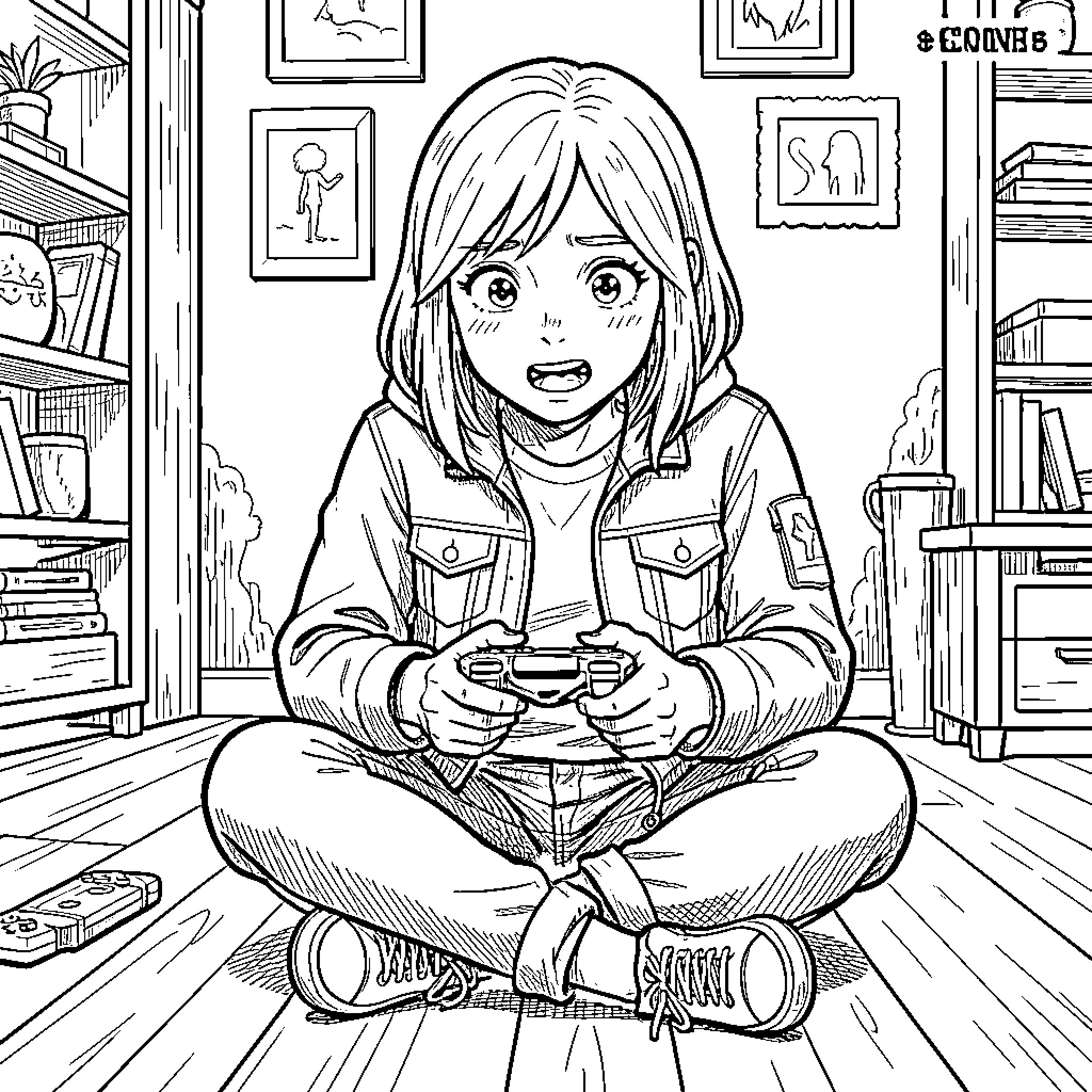 Eleven Playing Video Games in Bedroom Coloring Page (free black-and-white line drawing printable PDF for all, from beginners to advanced learners, including children, teens, adults, and seniors)