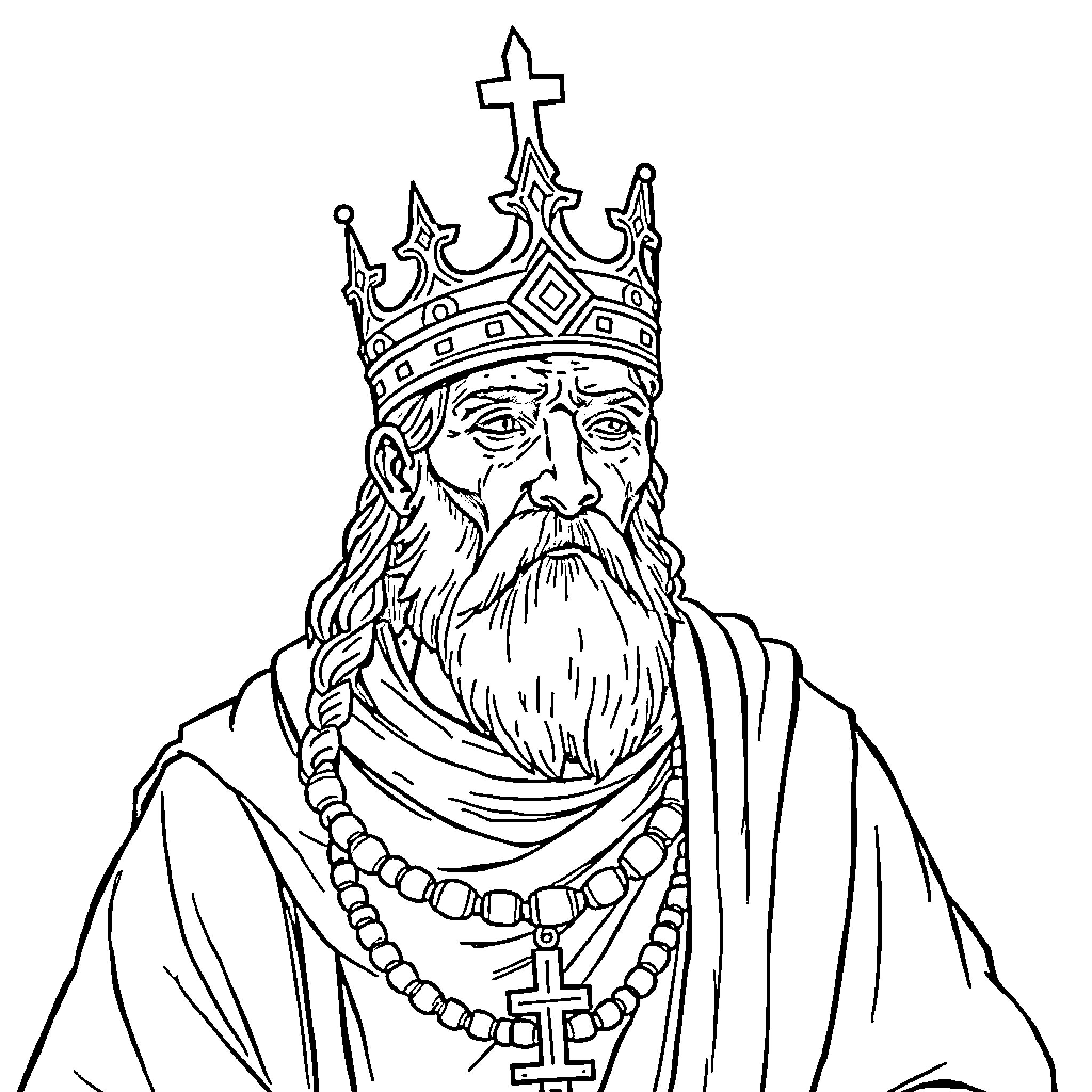 Baldwin the Wise King in Crown and Robe Coloring Page (free black-and-white line drawing printable PDF for all, from beginners to advanced learners, including children, teens, adults, and seniors)