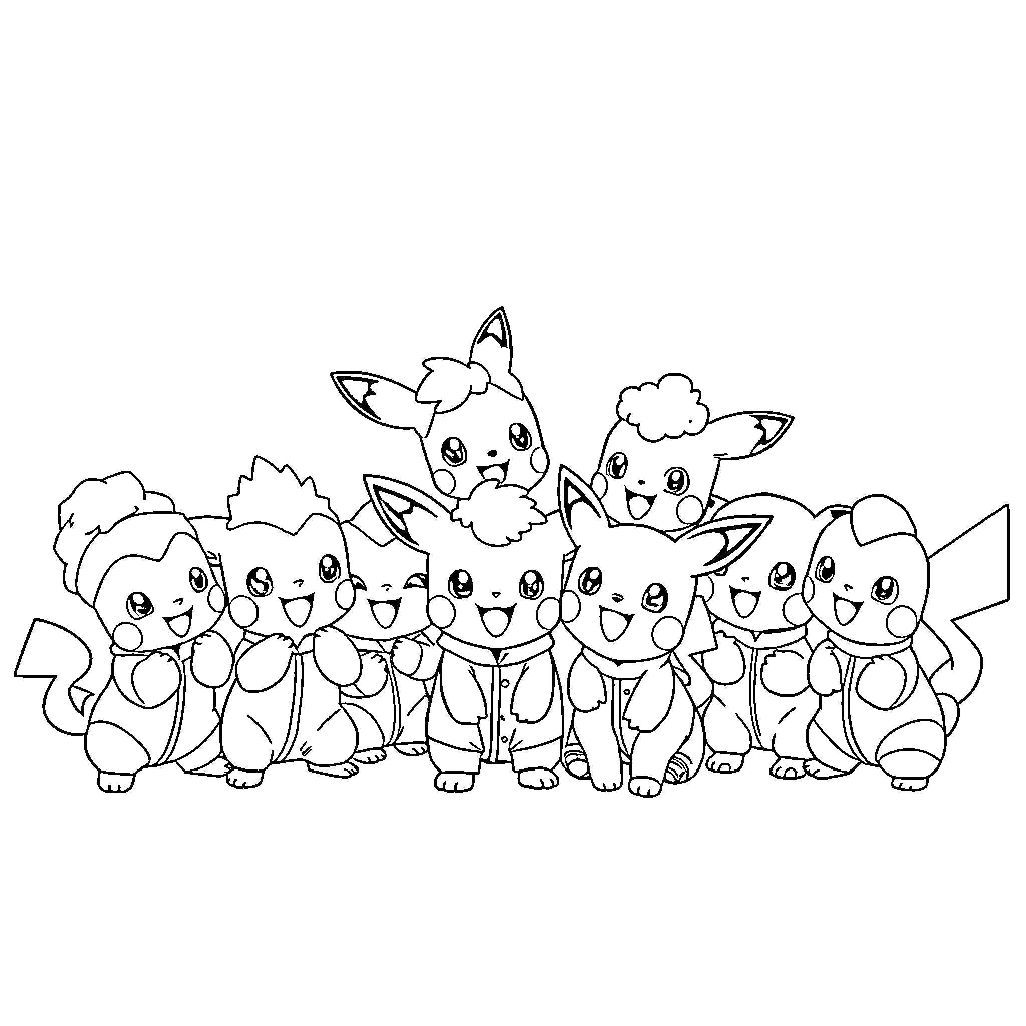 Baby Pokemon playing and posing together Coloring Page (free black-and-white line drawing printable PDF for all, from beginners to advanced learners, including children, teens, adults, and seniors)