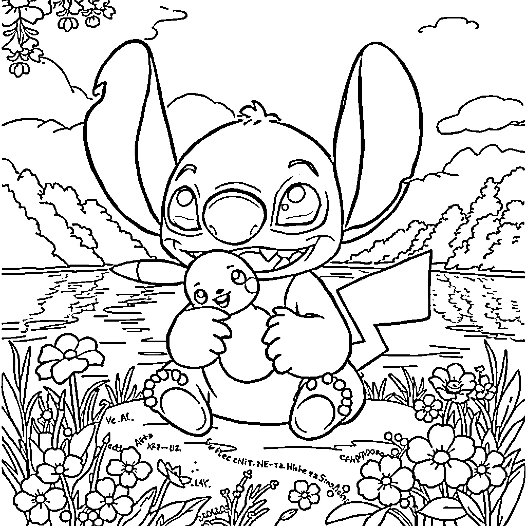 Stitch enjoying nature in a flowery landscape Coloring Page (free black-and-white line drawing printable PDF for all, from beginners to advanced learners, including children, teens, adults, and seniors)