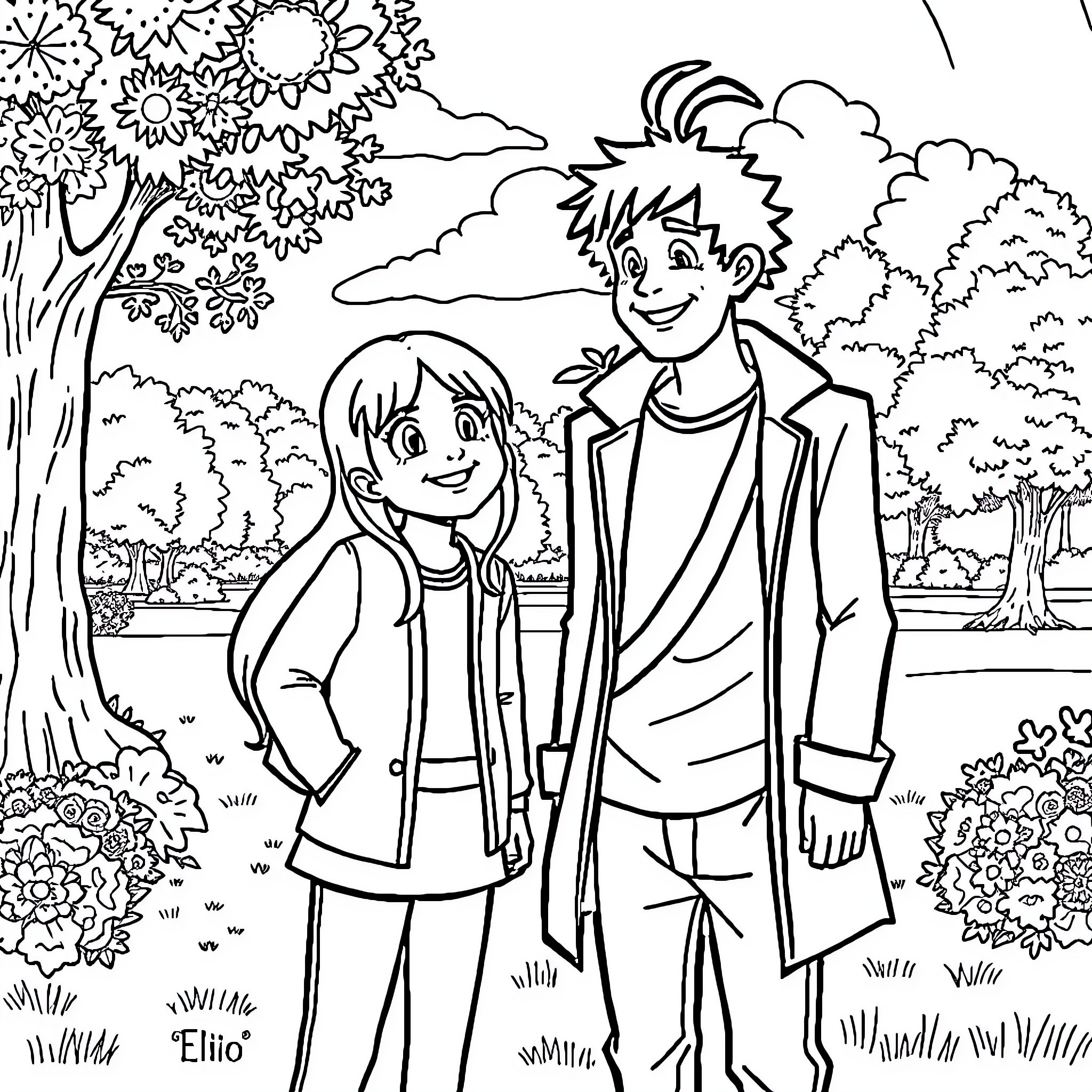 Elio and friend in a vibrant outdoor scene Coloring Page (free black-and-white line drawing printable PDF for all, from beginners to advanced learners, including children, teens, adults, and seniors)