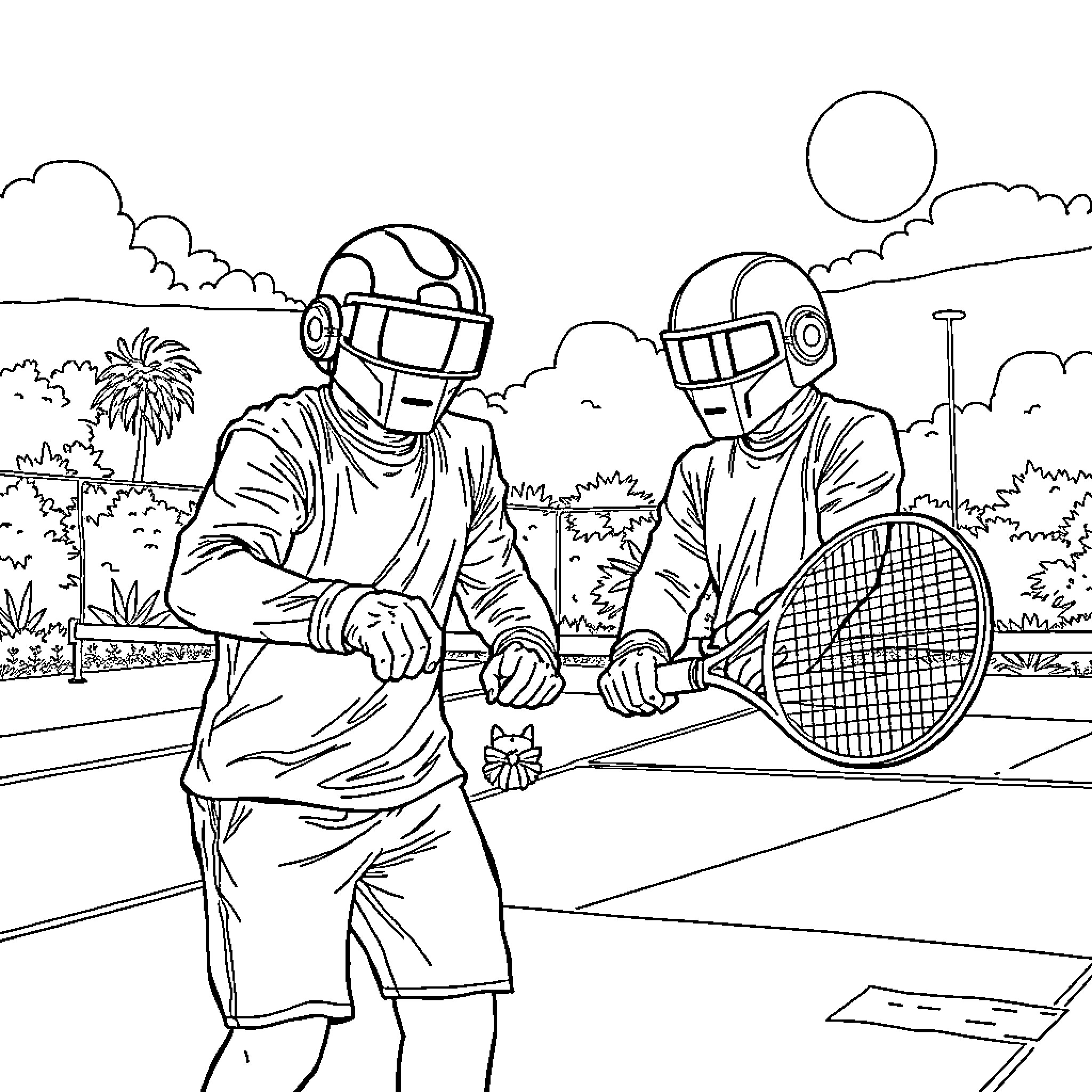 Daft Punk playing tennis on a sunny day Coloring Page (free black-and-white line drawing printable PDF for all, from beginners to advanced learners, including children, teens, adults, and seniors)