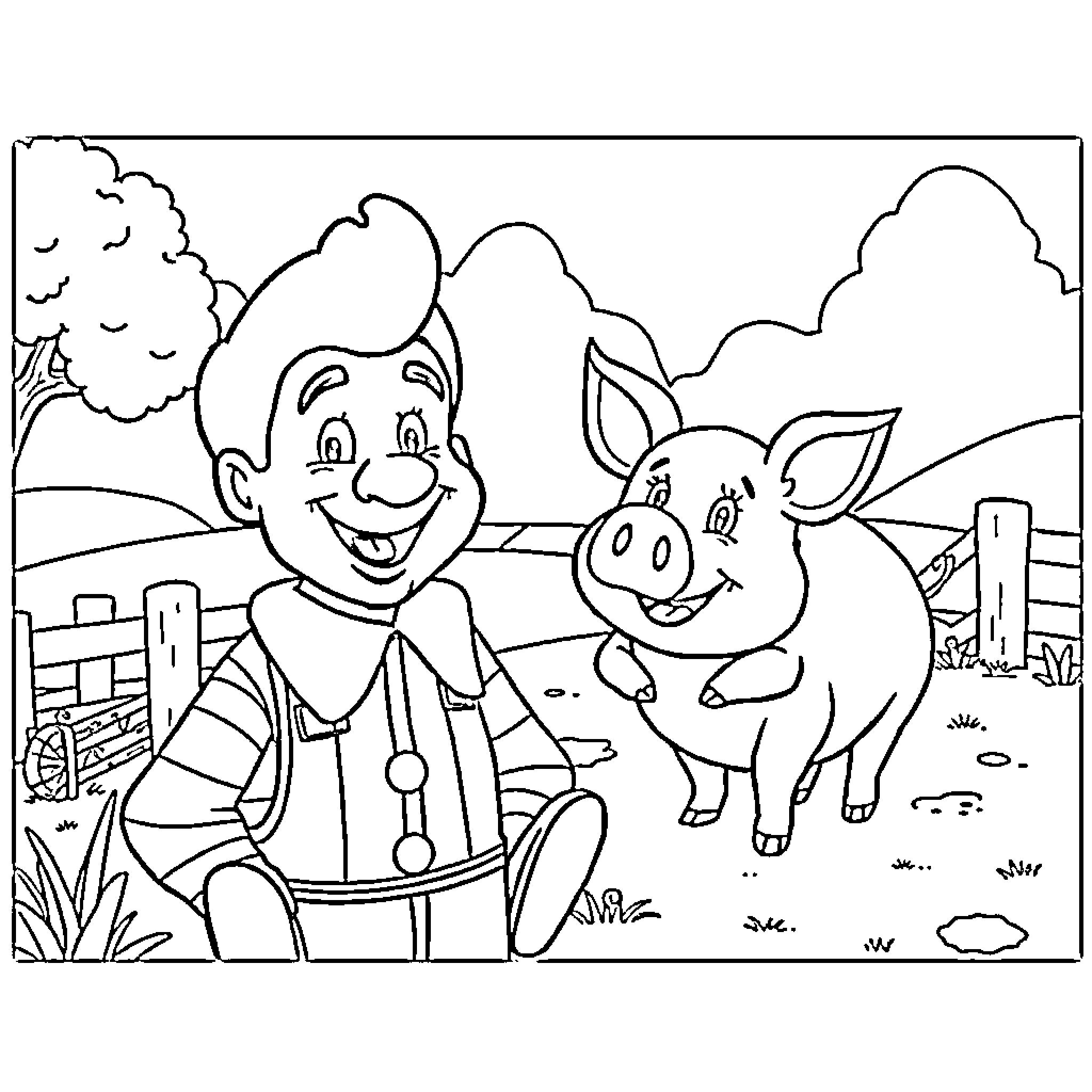 Old McDonald and his Cheerful Pig Friend on the Farm Coloring Page (free black-and-white line drawing printable PDF for all, from beginners to advanced learners, including children, teens, adults, and seniors)