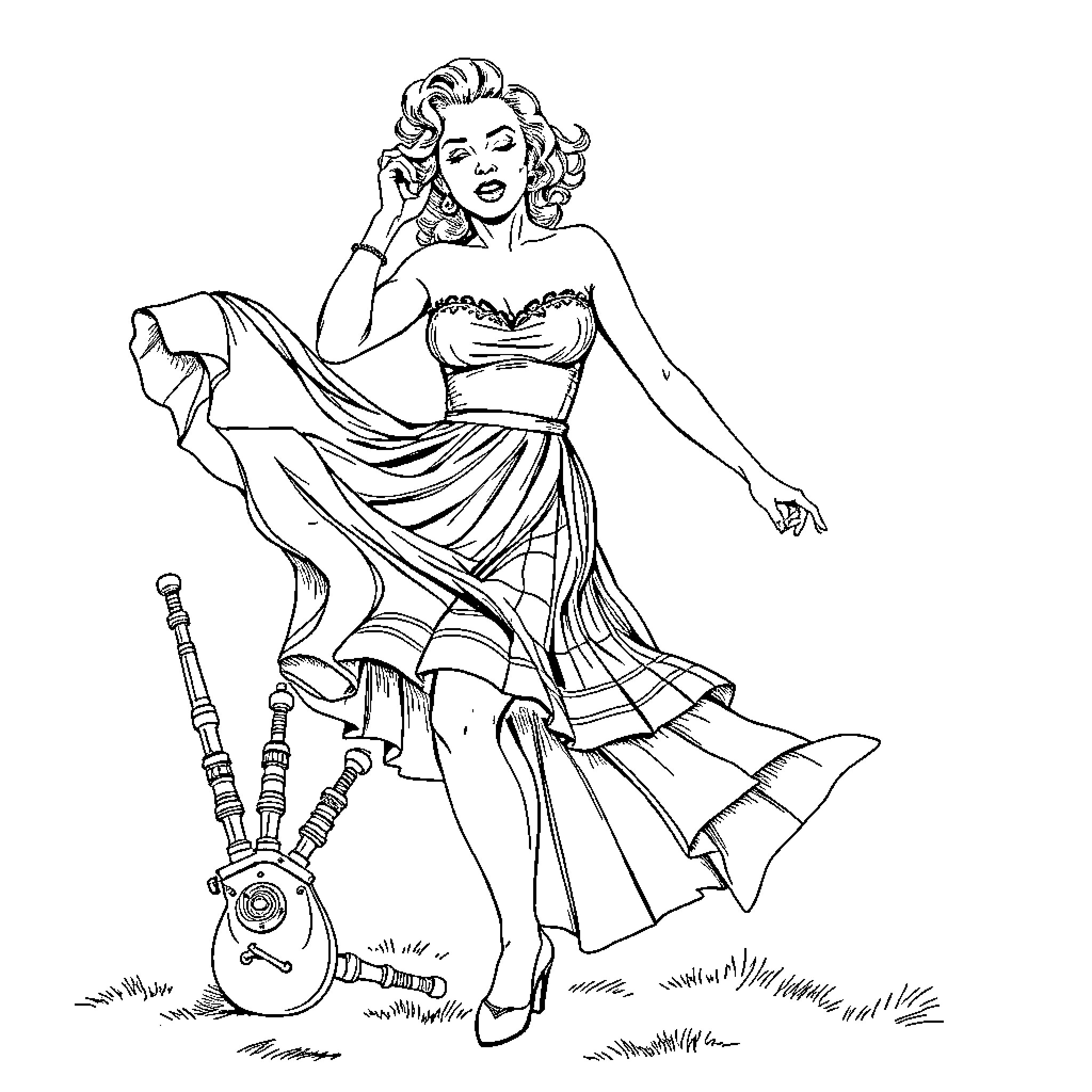 Marilyn Monroe in Lively Floral Dress with Musical Instrument Coloring Page (free black-and-white line drawing printable PDF for all, from beginners to advanced learners, including children, teens, adults, and seniors)