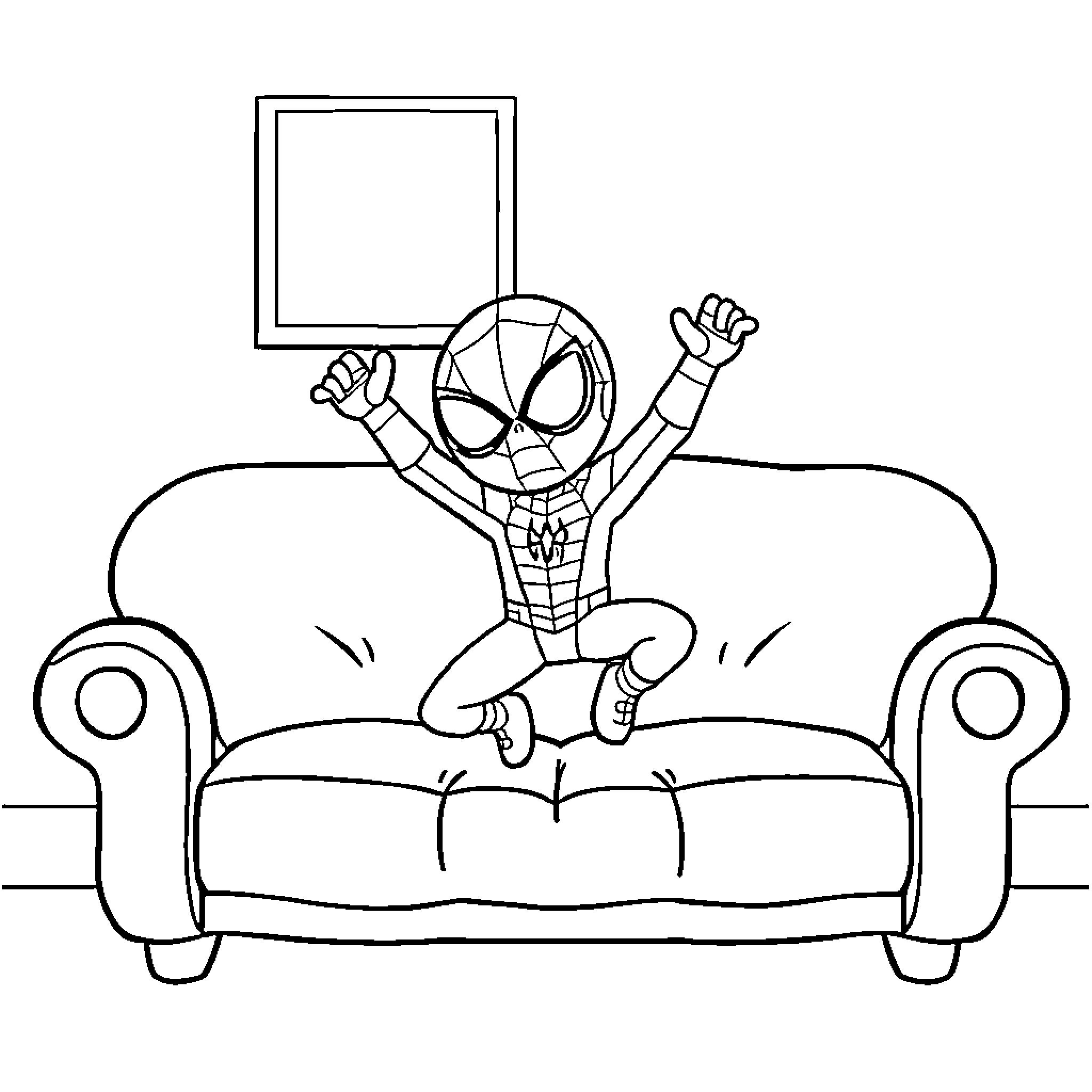 Spiderman happily lounging on a couch Coloring Page (free black-and-white line drawing printable PDF for all, from beginners to advanced learners, including children, teens, adults, and seniors)