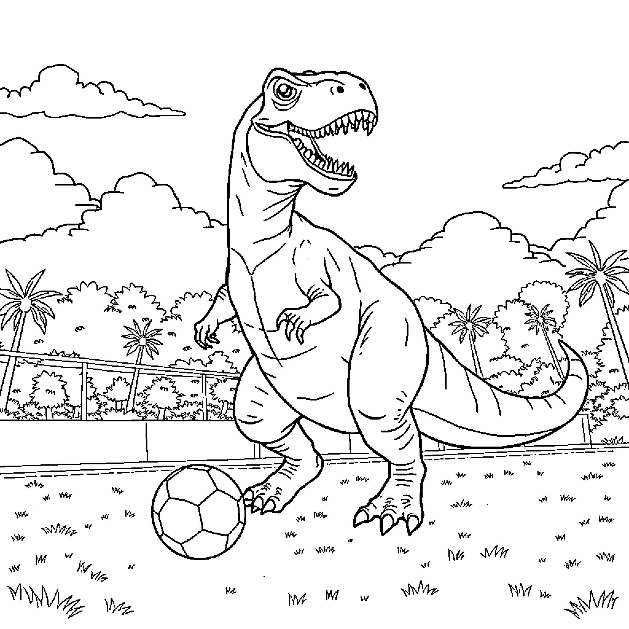 Dinosaur playing with soccer ball in the park Coloring Page (free black-and-white line drawing printable PDF for all, from beginners to advanced learners, including children, teens, adults, and seniors)