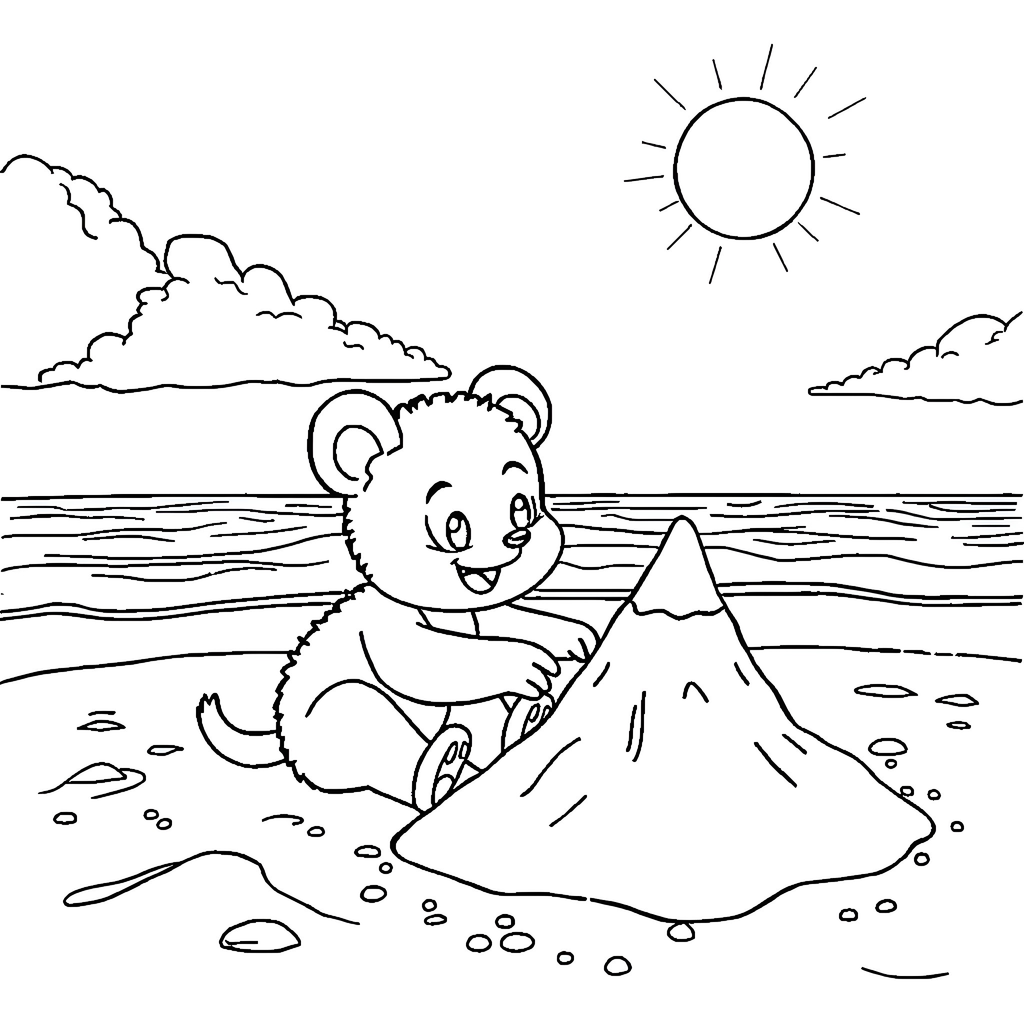 Wubox playing on the beach with sand castle Coloring Page (free black-and-white line drawing printable PDF for all, from beginners to advanced learners, including children, teens, adults, and seniors)