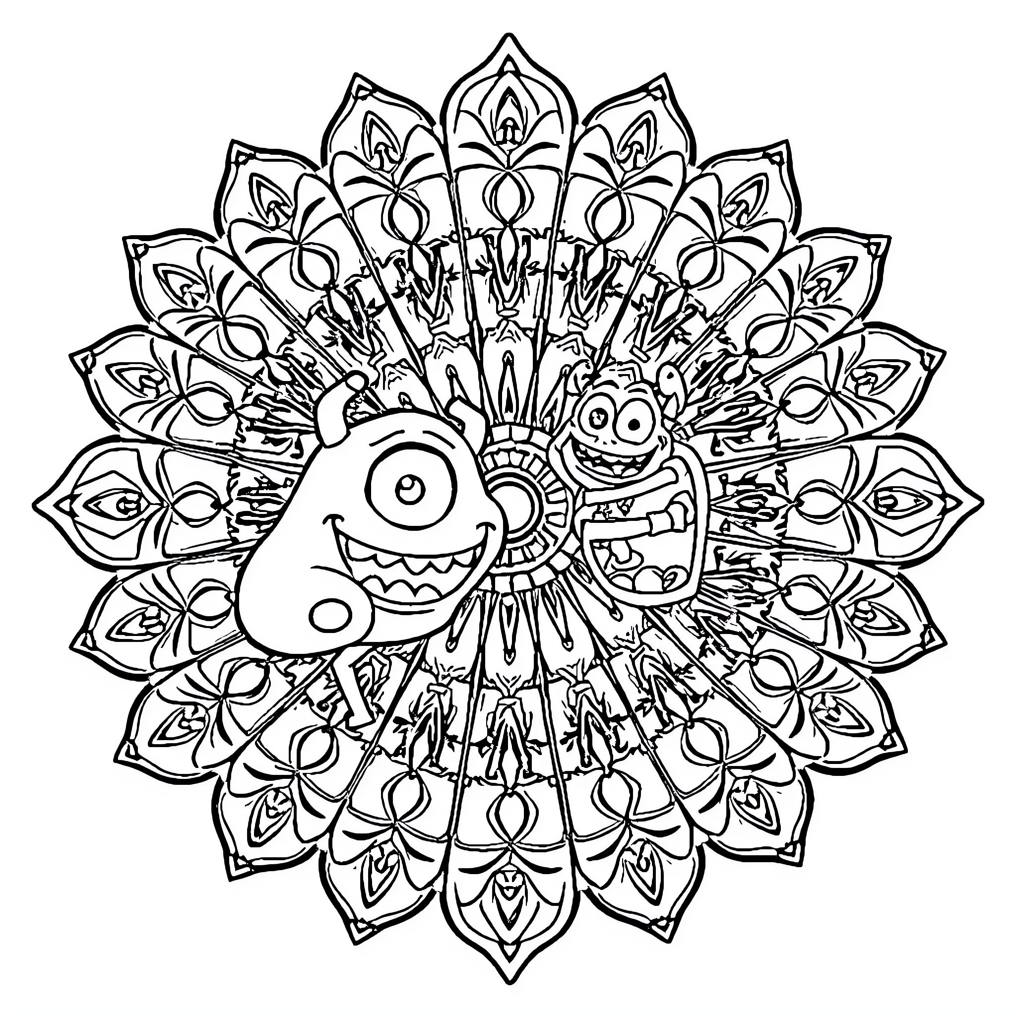 Monster's Vibrant Floral Mandala Artwork Coloring Page (free black-and-white line drawing printable PDF for all, from beginners to advanced learners, including children, teens, adults, and seniors)