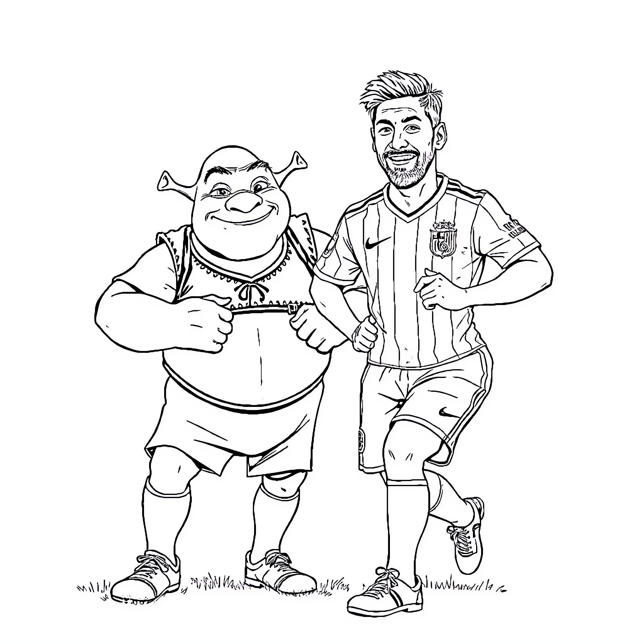Shrek and soccer player posing together Coloring Page (free black-and-white line drawing printable PDF for all, from beginners to advanced learners, including children, teens, adults, and seniors)