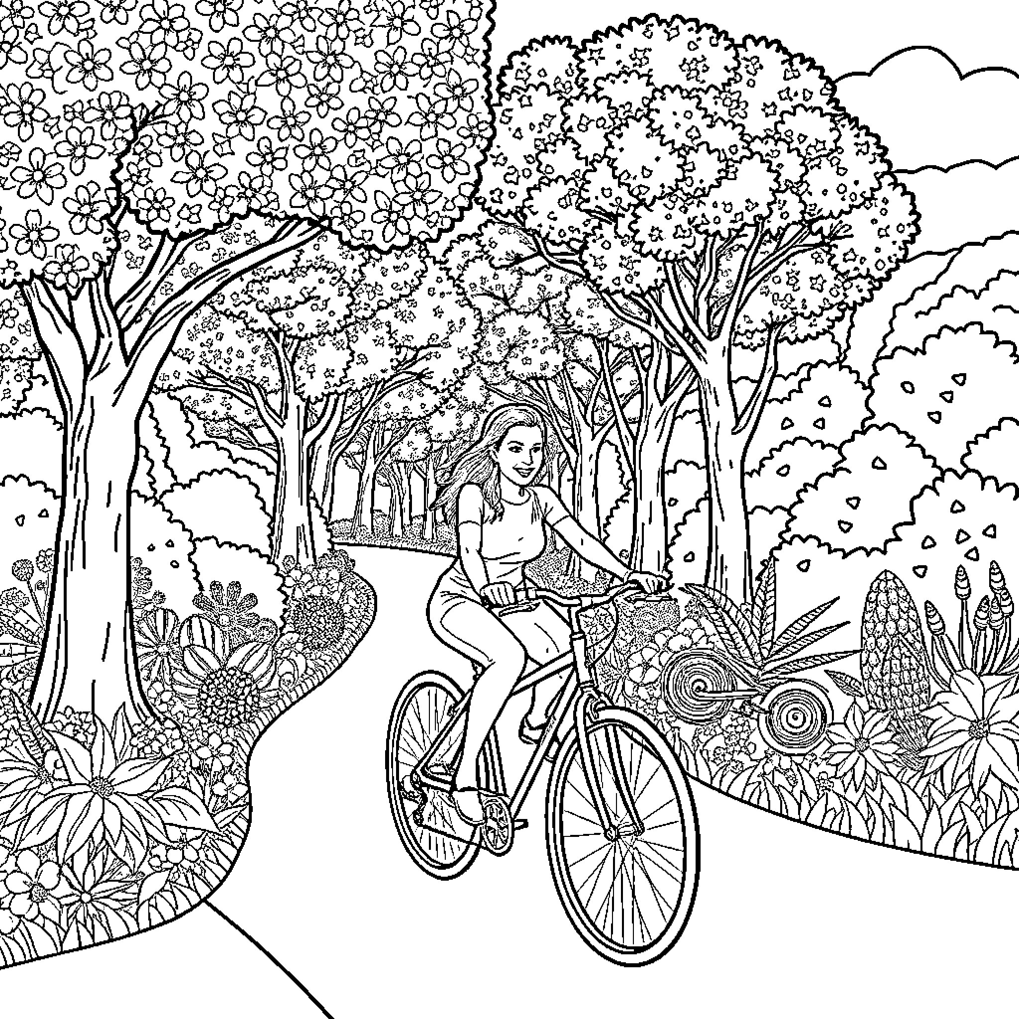 Bicycle ride through floral landscape Coloring Page (free black-and-white line drawing printable PDF for all, from beginners to advanced learners, including children, teens, adults, and seniors)