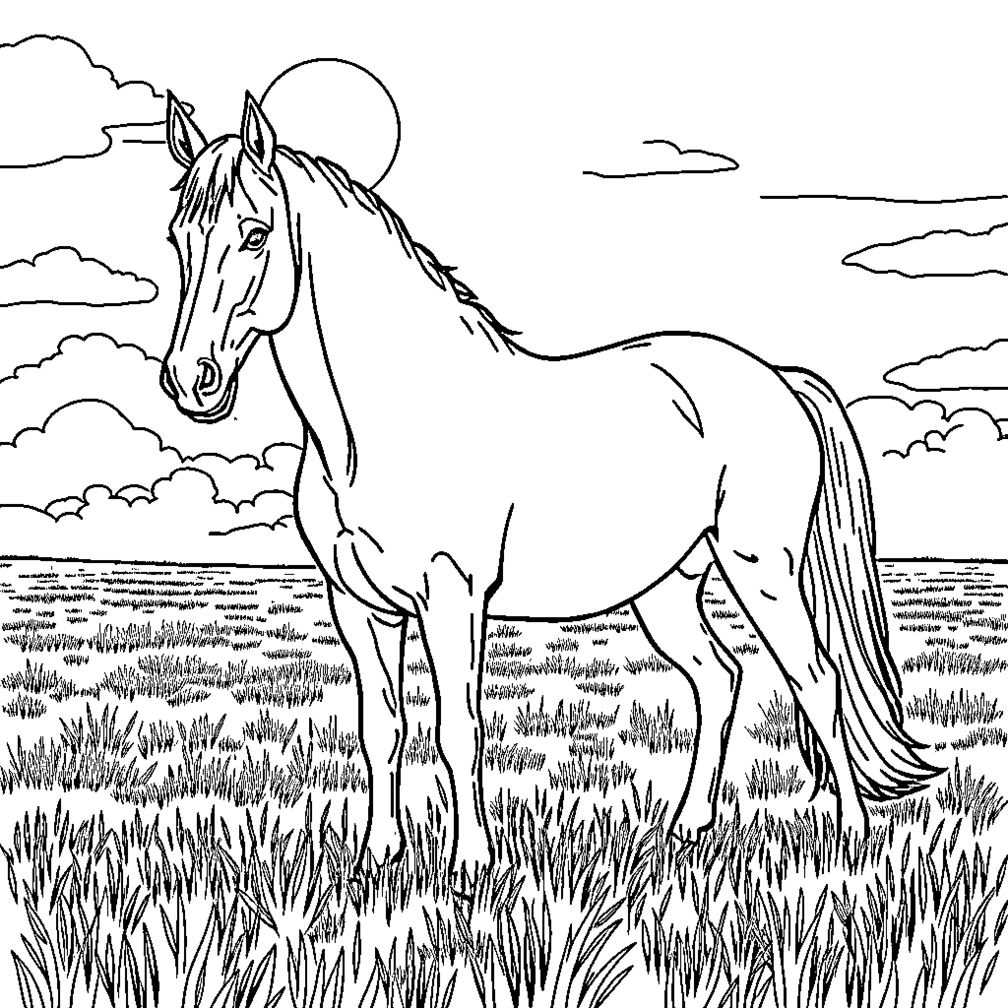Horse standing majestically in a grassy field Coloring Page (free black-and-white line drawing printable PDF for all, from beginners to advanced learners, including children, teens, adults, and seniors)