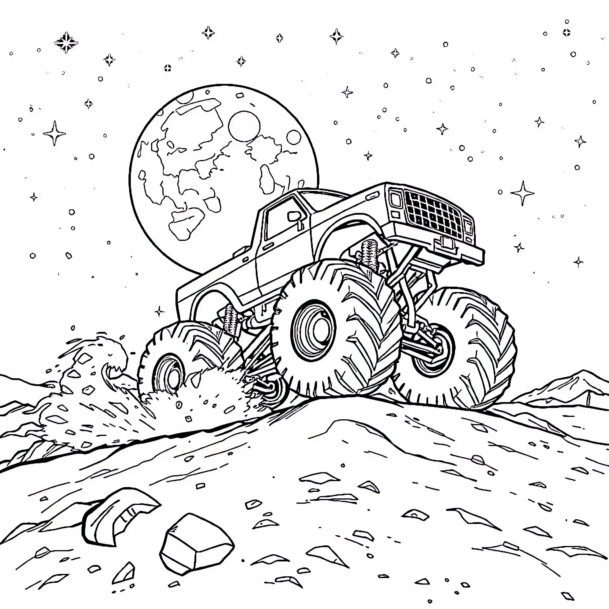 Monster Truck Conquering the Rugged Terrain Under the Starry Night Sky Coloring Page (free black-and-white line drawing printable PDF for all, from beginners to advanced learners, including children, teens, adults, and seniors)