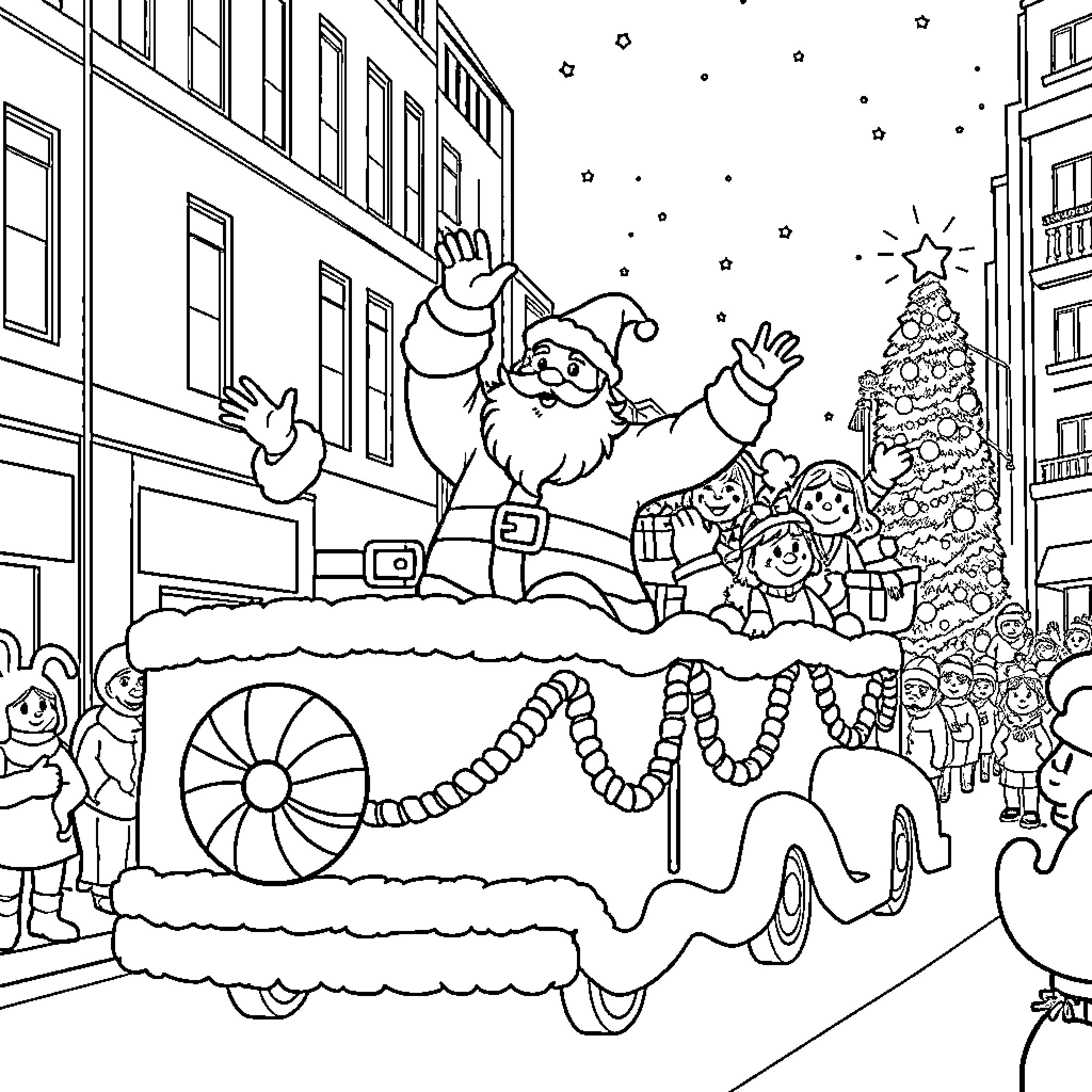 Santa waving joyfully in a festive parade Coloring Page (free black-and-white line drawing printable PDF for all, from beginners to advanced learners, including children, teens, adults, and seniors)