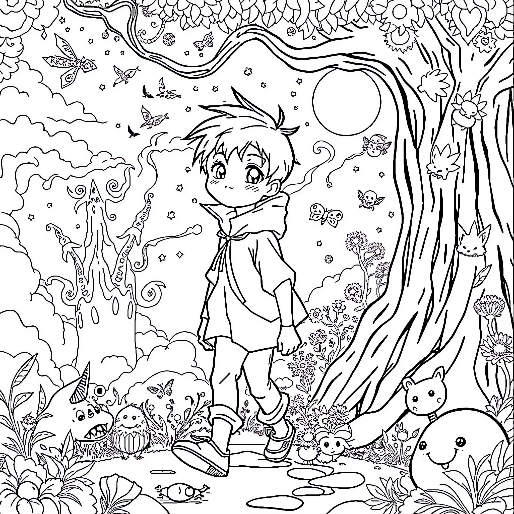 Omori exploring the whimsical forest landscape Coloring Page (free black-and-white line drawing printable PDF for all, from beginners to advanced learners, including children, teens, adults, and seniors)