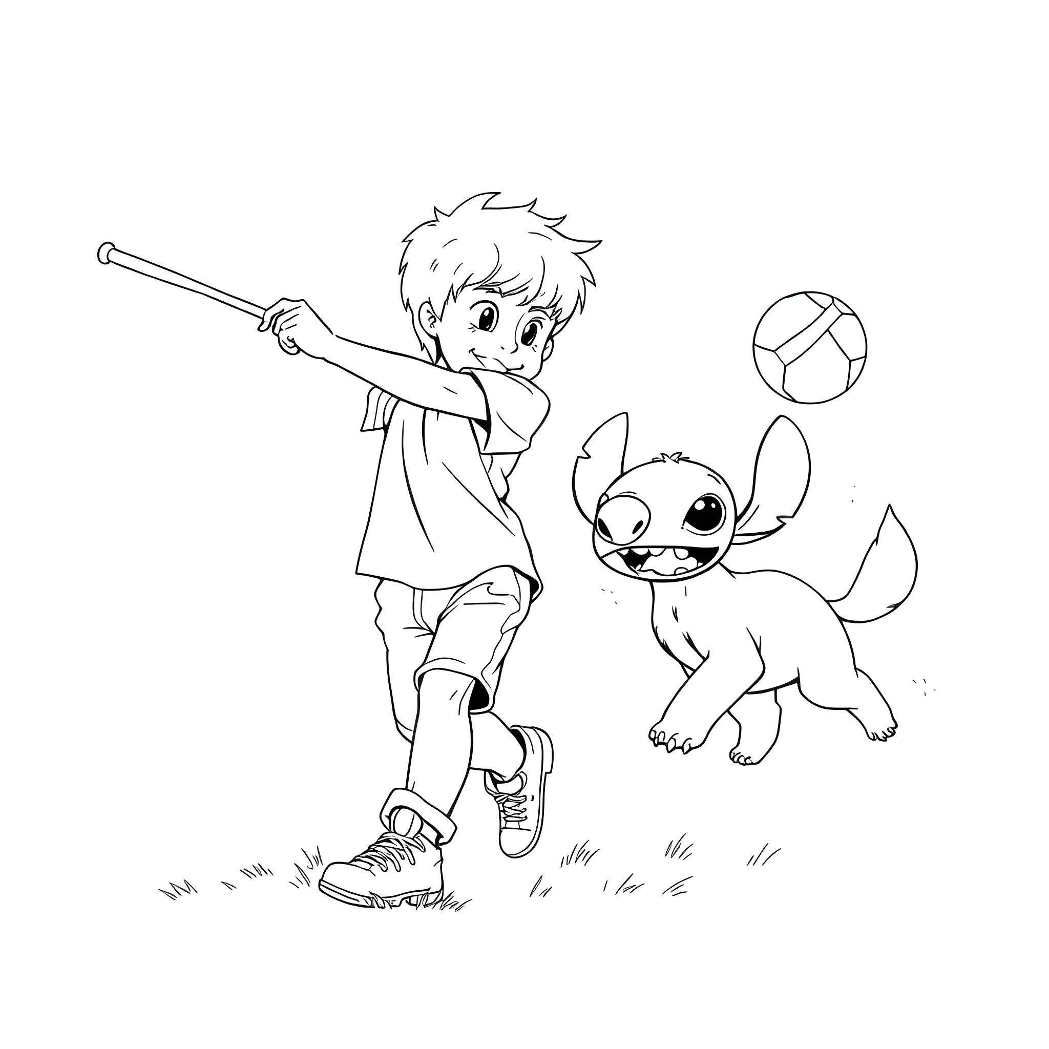 Boy playing with his pet dog and a ball Coloring Page (free black-and-white line drawing printable PDF for all, from beginners to advanced learners, including children, teens, adults, and seniors)
