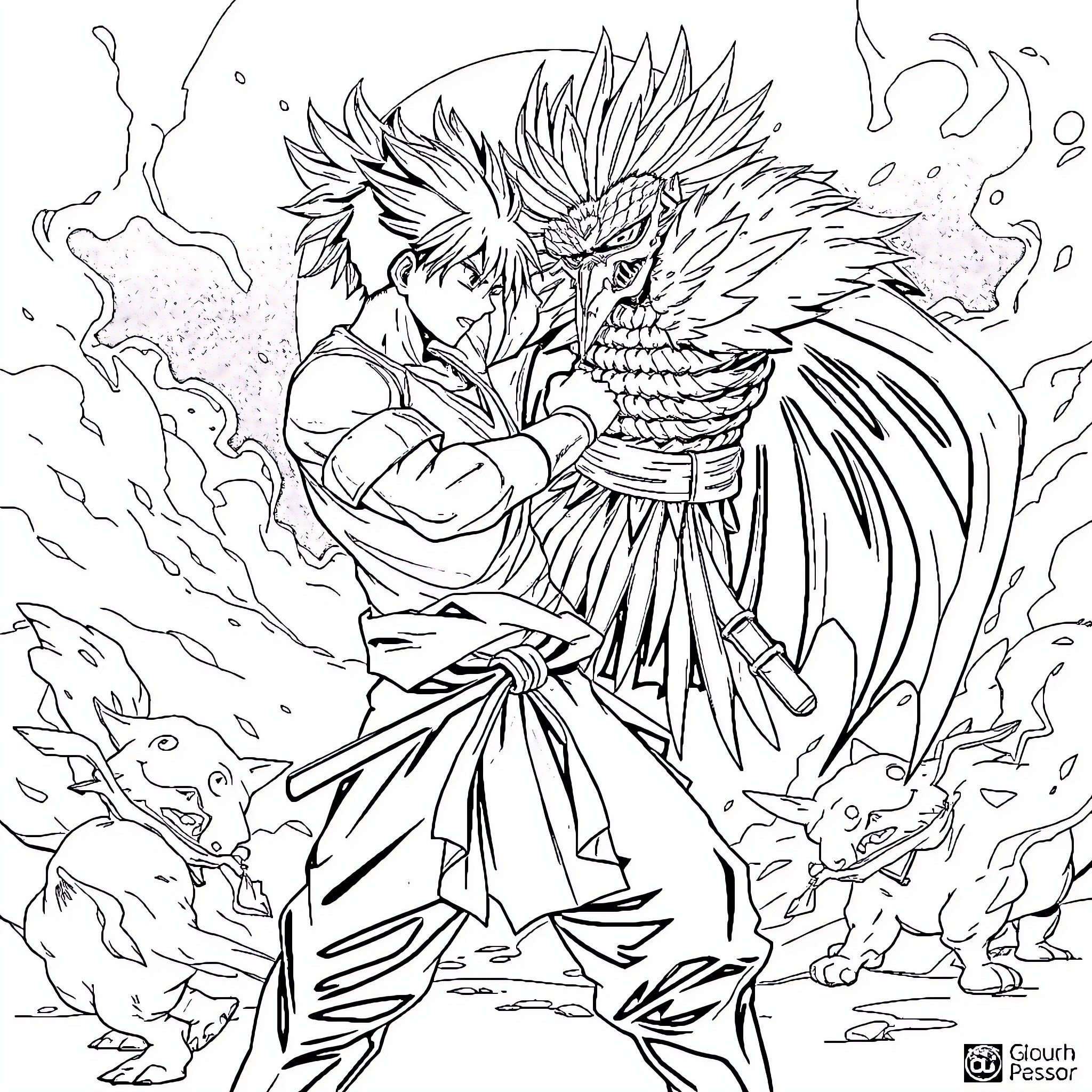 Giyu's Fierce Battle with Mythical Creature Coloring Page (free black-and-white line drawing printable PDF for all, from beginners to advanced learners, including children, teens, adults, and seniors)
