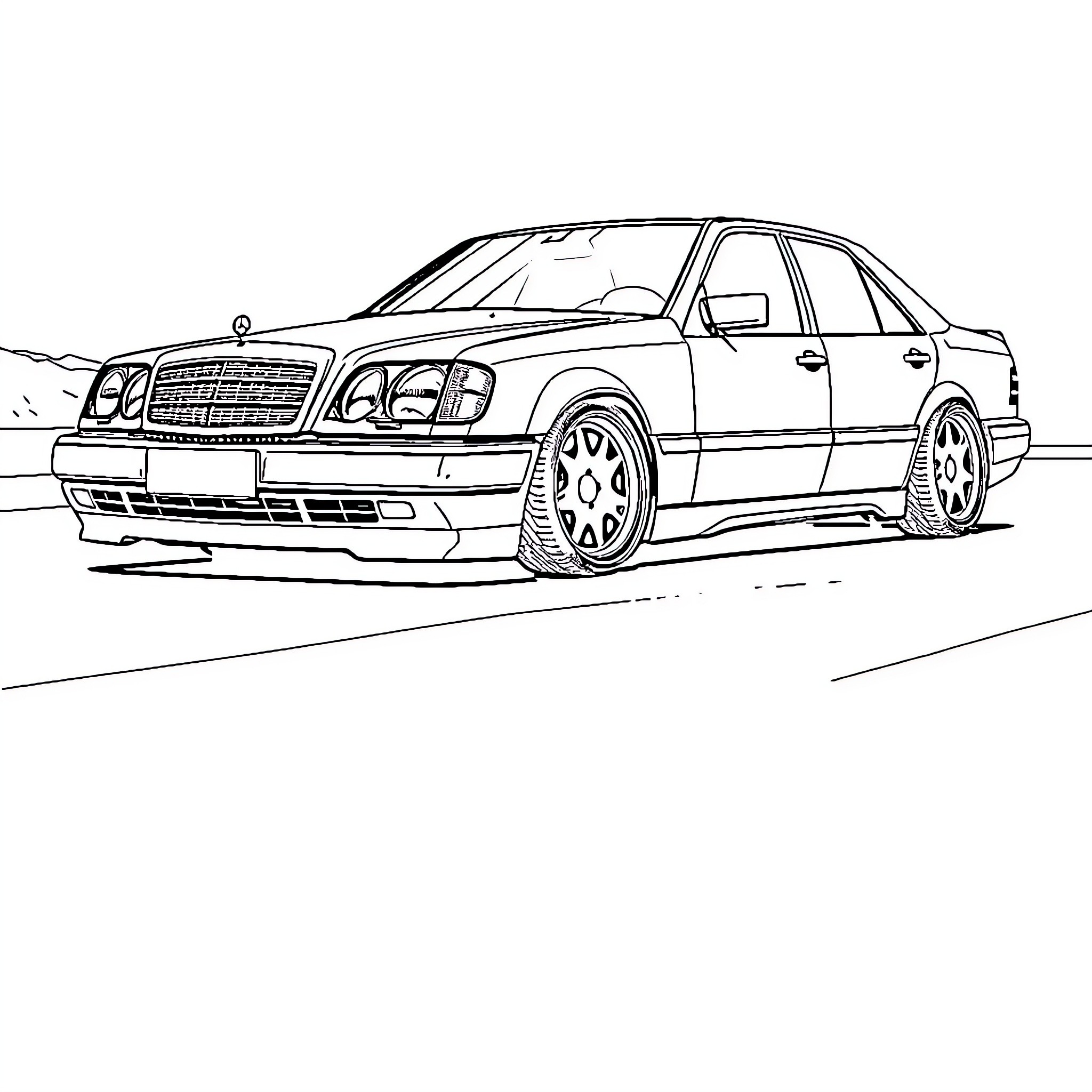 Mercedes-Benz luxury sedan on the road Coloring Page (free black-and-white line drawing printable PDF for all, from beginners to advanced learners, including children, teens, adults, and seniors)