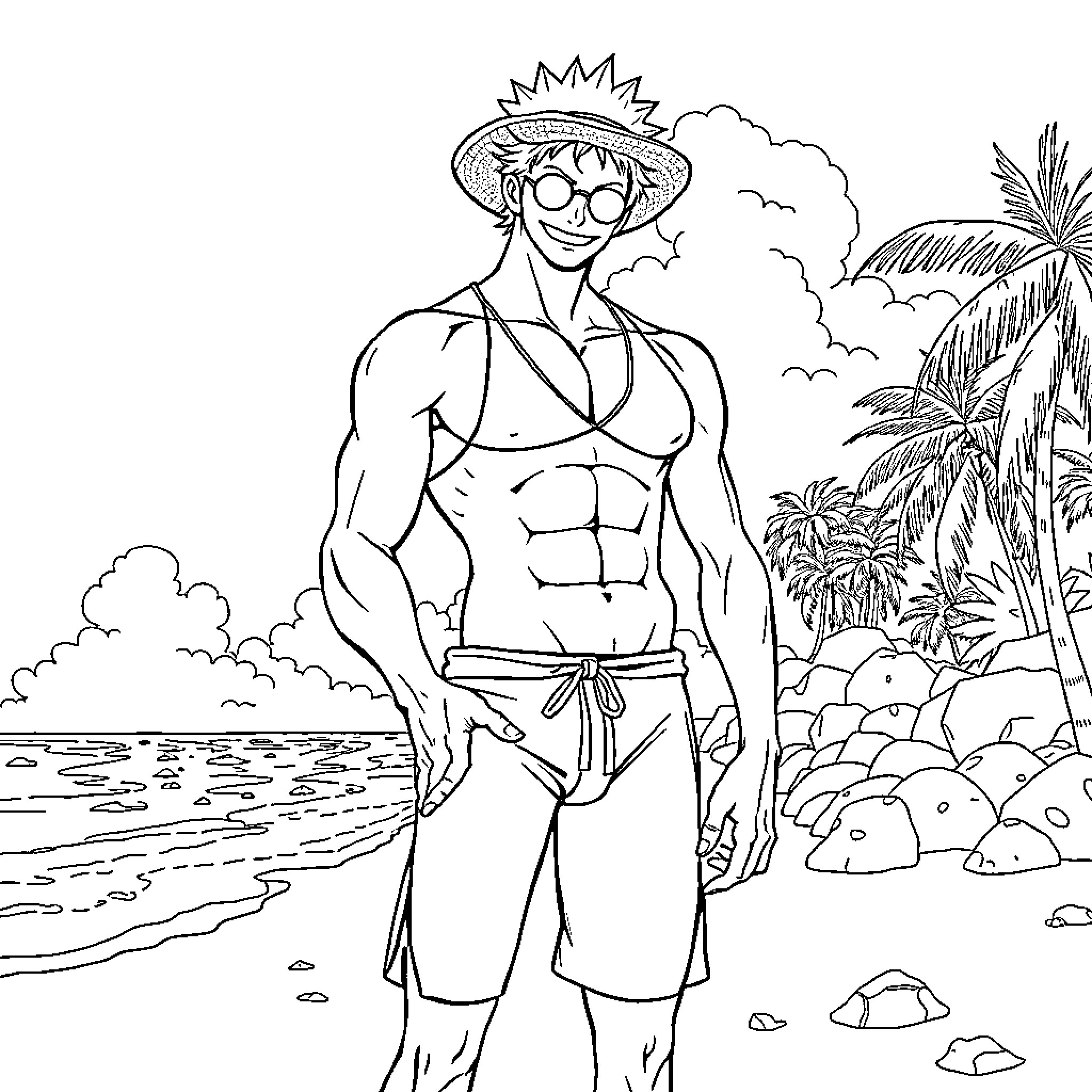 Roronoa Zoro smiling in beach attire at the coast Coloring Page (free black-and-white line drawing printable PDF for all, from beginners to advanced learners, including children, teens, adults, and seniors)