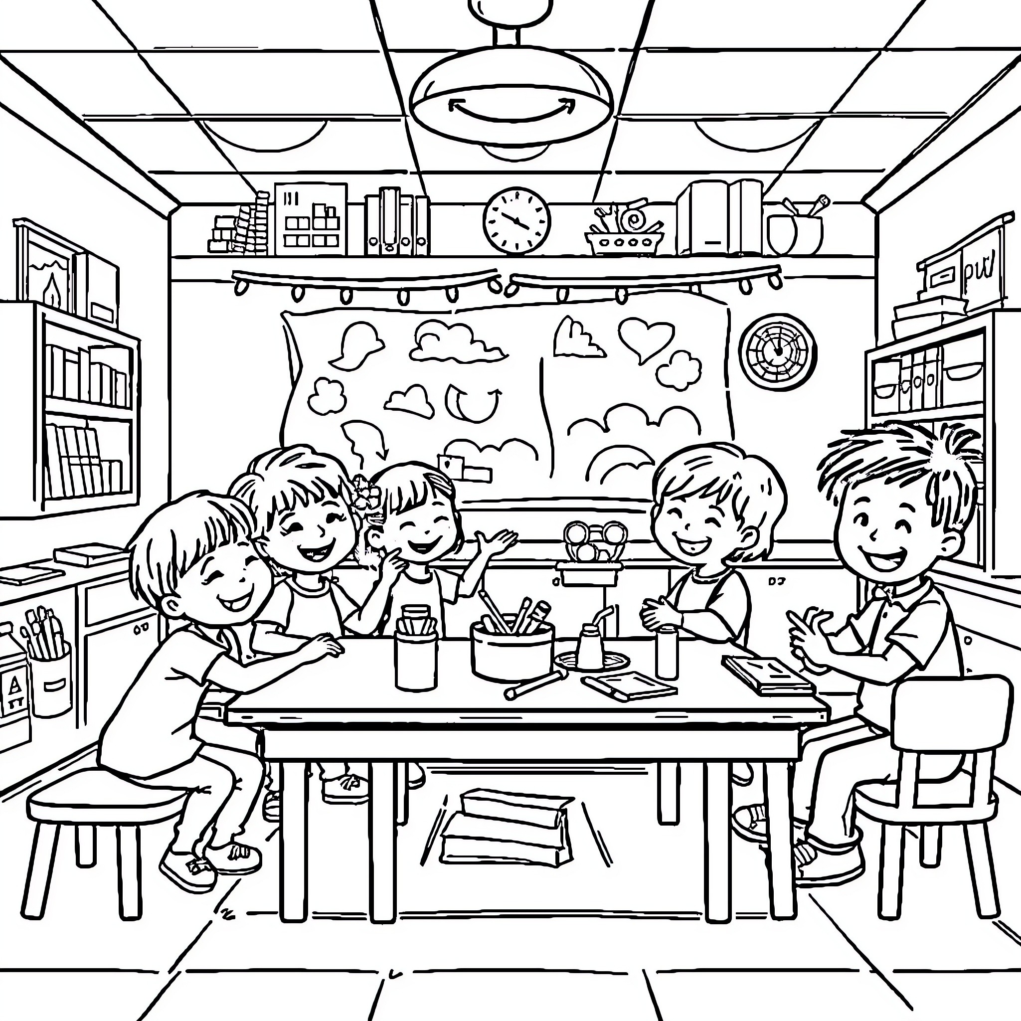 Kindergarten Students Learning and Exploring Together Coloring Page (free black-and-white line drawing printable PDF for all, from beginners to advanced learners, including children, teens, adults, and seniors)