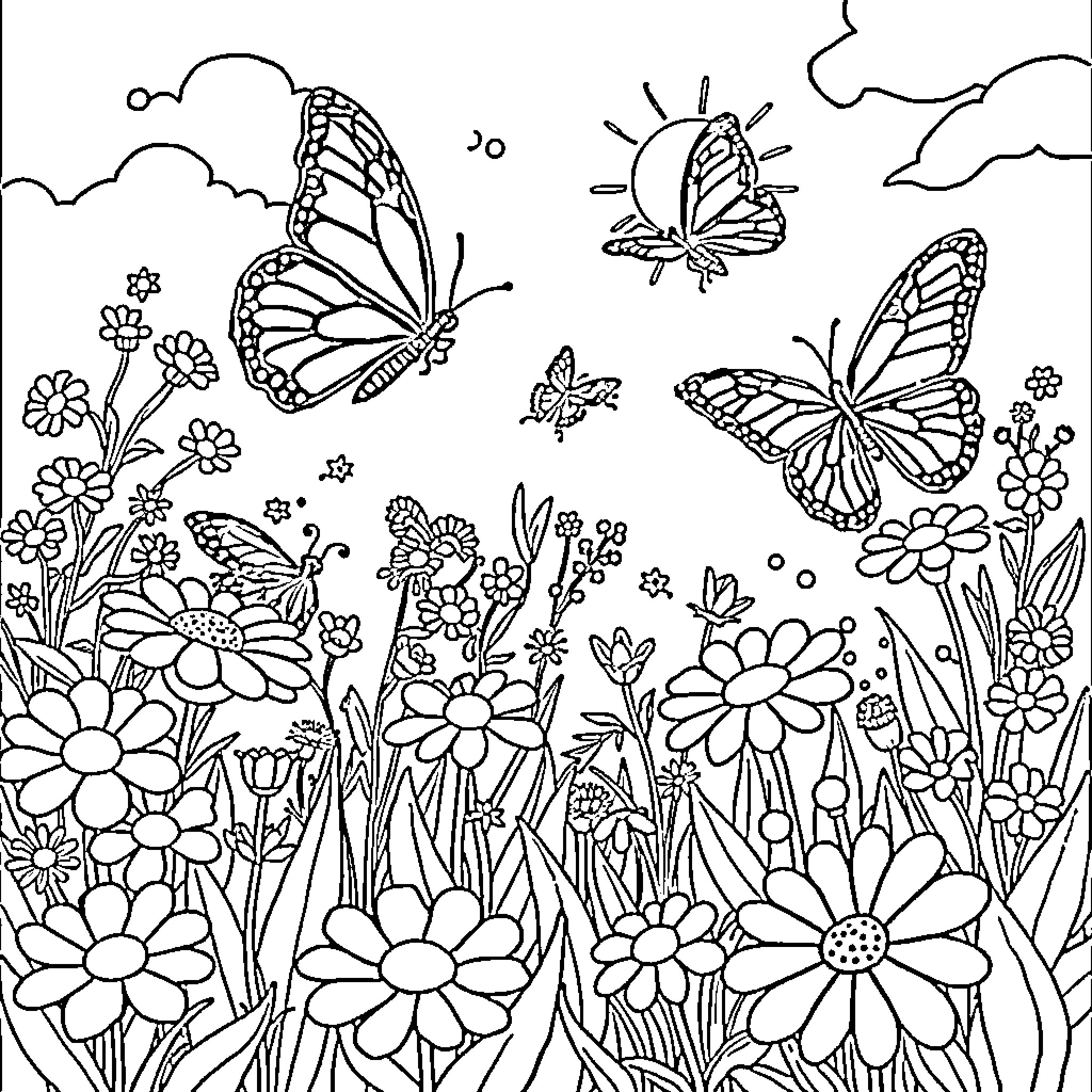 Butterfly garden with various flowers and butterflies Coloring Page (free black-and-white line drawing printable PDF for all, from beginners to advanced learners, including children, teens, adults, and seniors)