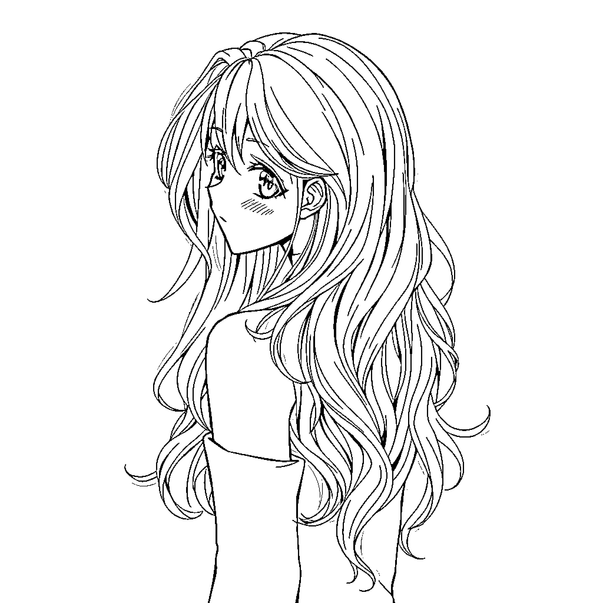 Anime Girl with Long Flowing Hair and Thoughtful Expression Coloring Page (free black-and-white line drawing printable PDF for all, from beginners to advanced learners, including children, teens, adults, and seniors)