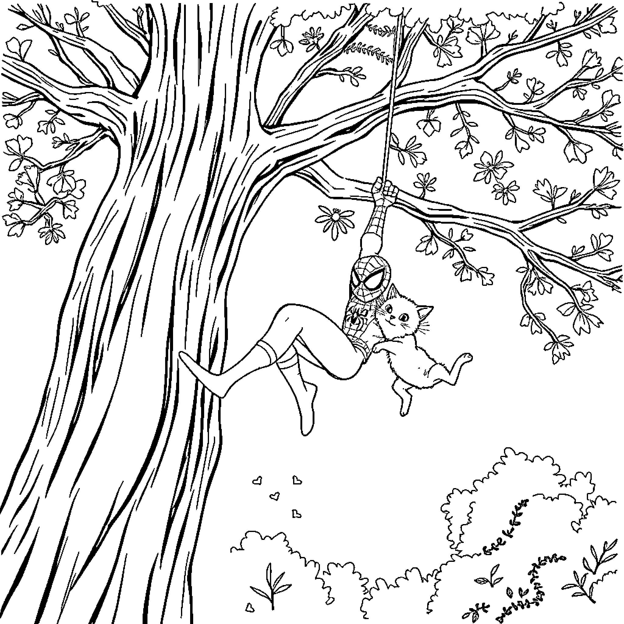 Spiderman swinging through a whimsical forest Coloring Page (free black-and-white line drawing printable PDF for all, from beginners to advanced learners, including children, teens, adults, and seniors)