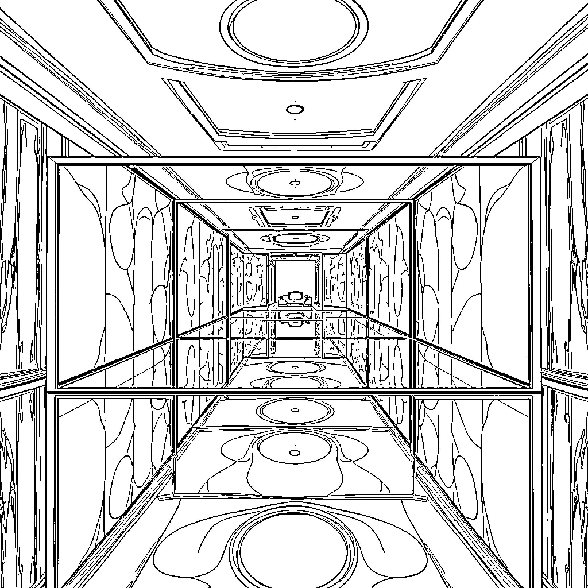 Mirror Reflection of Ornate Architectural Hallway Coloring Page (free black-and-white line drawing printable PDF for all, from beginners to advanced learners, including children, teens, adults, and seniors)