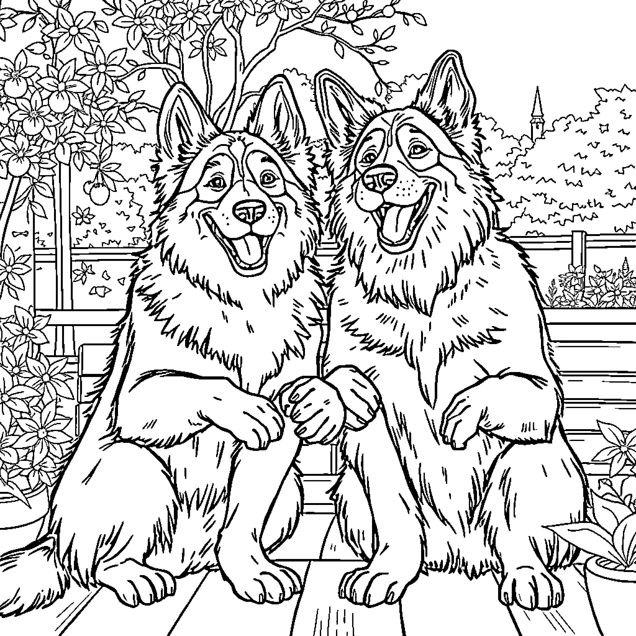 Twin Shepherds Enjoying Floral Garden Coloring Page (free black-and-white line drawing printable PDF for all, from beginners to advanced learners, including children, teens, adults, and seniors)