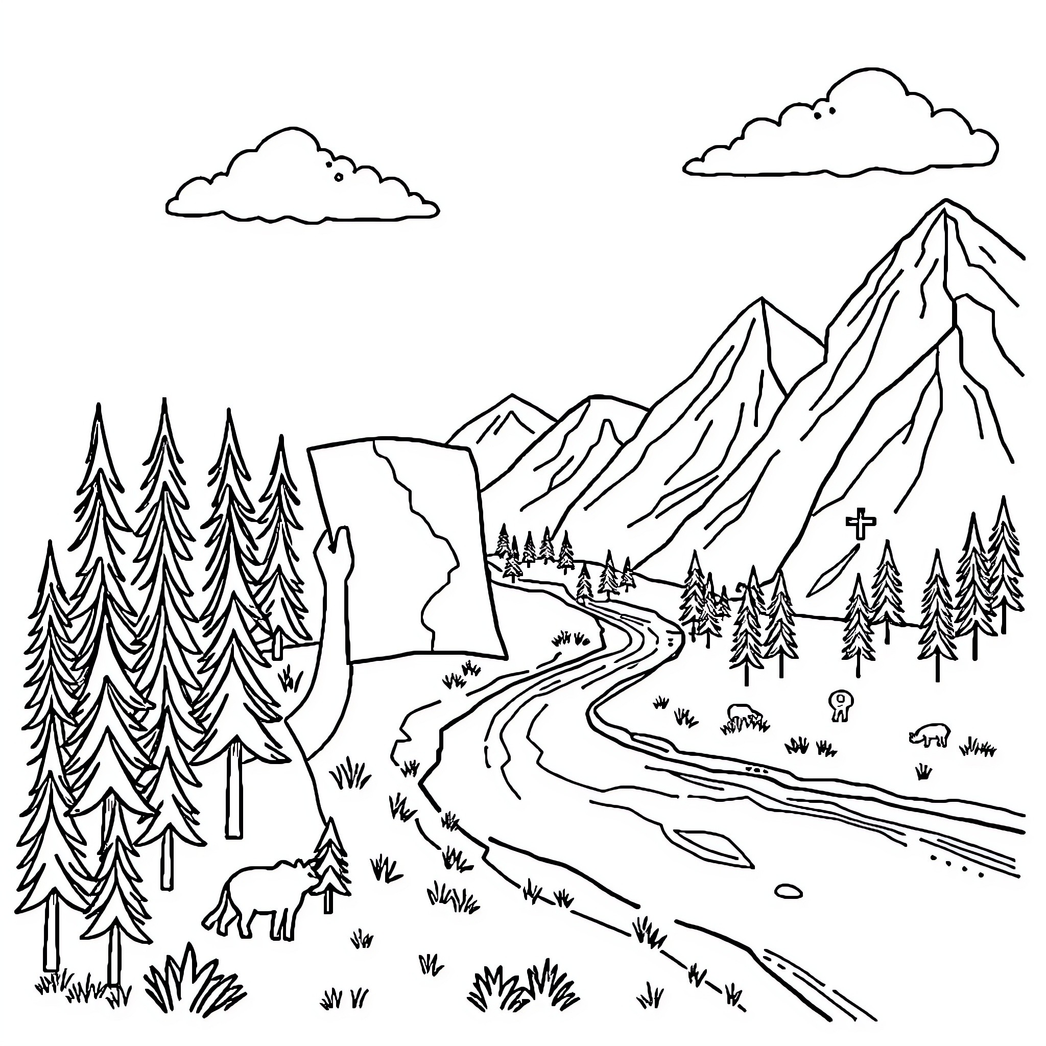 Map of mountainous landscape with forest and wildlife Coloring Page (free black-and-white line drawing printable PDF for all, from beginners to advanced learners, including children, teens, adults, and seniors)