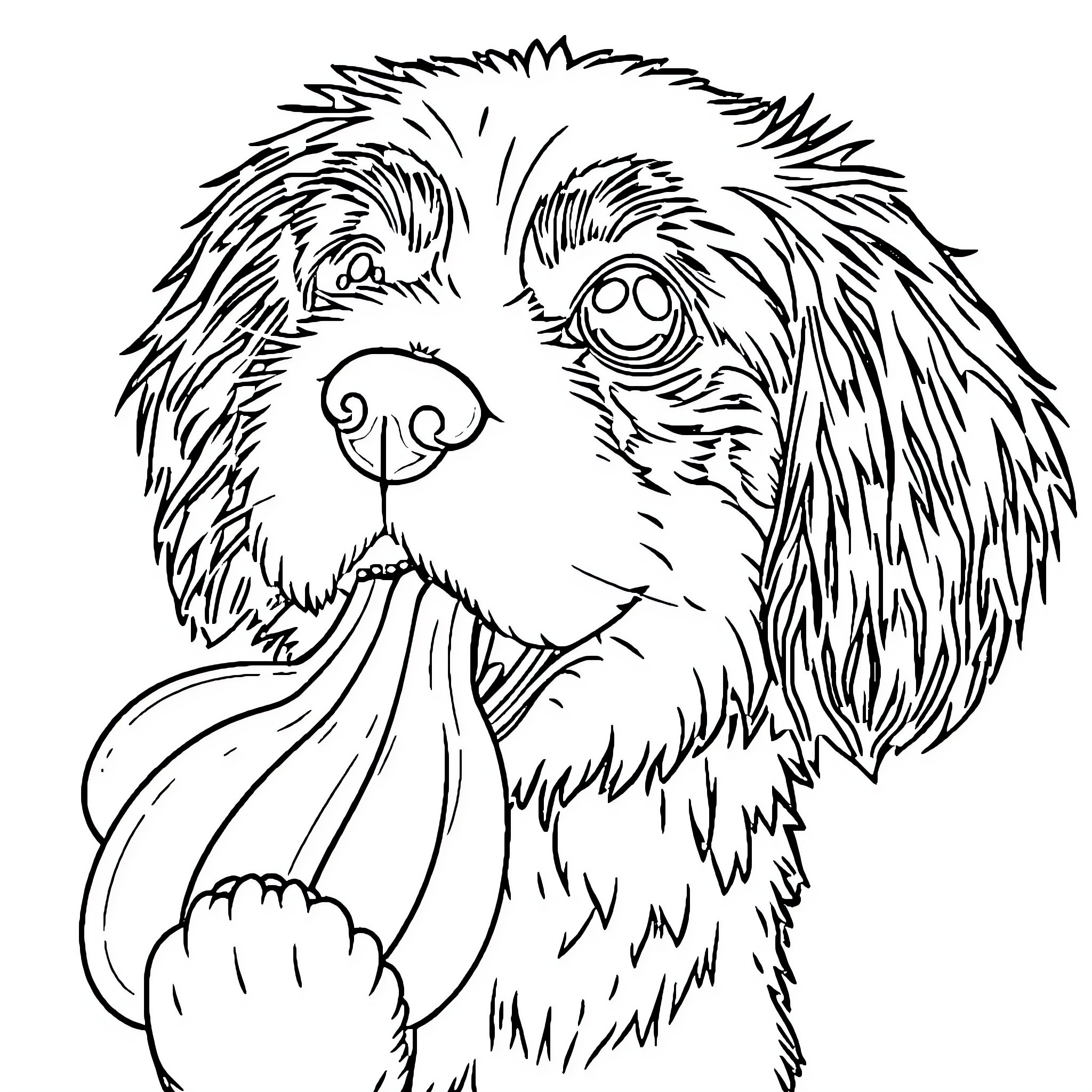 Dog Smiling Happily in Black and White Coloring Page (free black-and-white line drawing printable PDF for all, from beginners to advanced learners, including children, teens, adults, and seniors)
