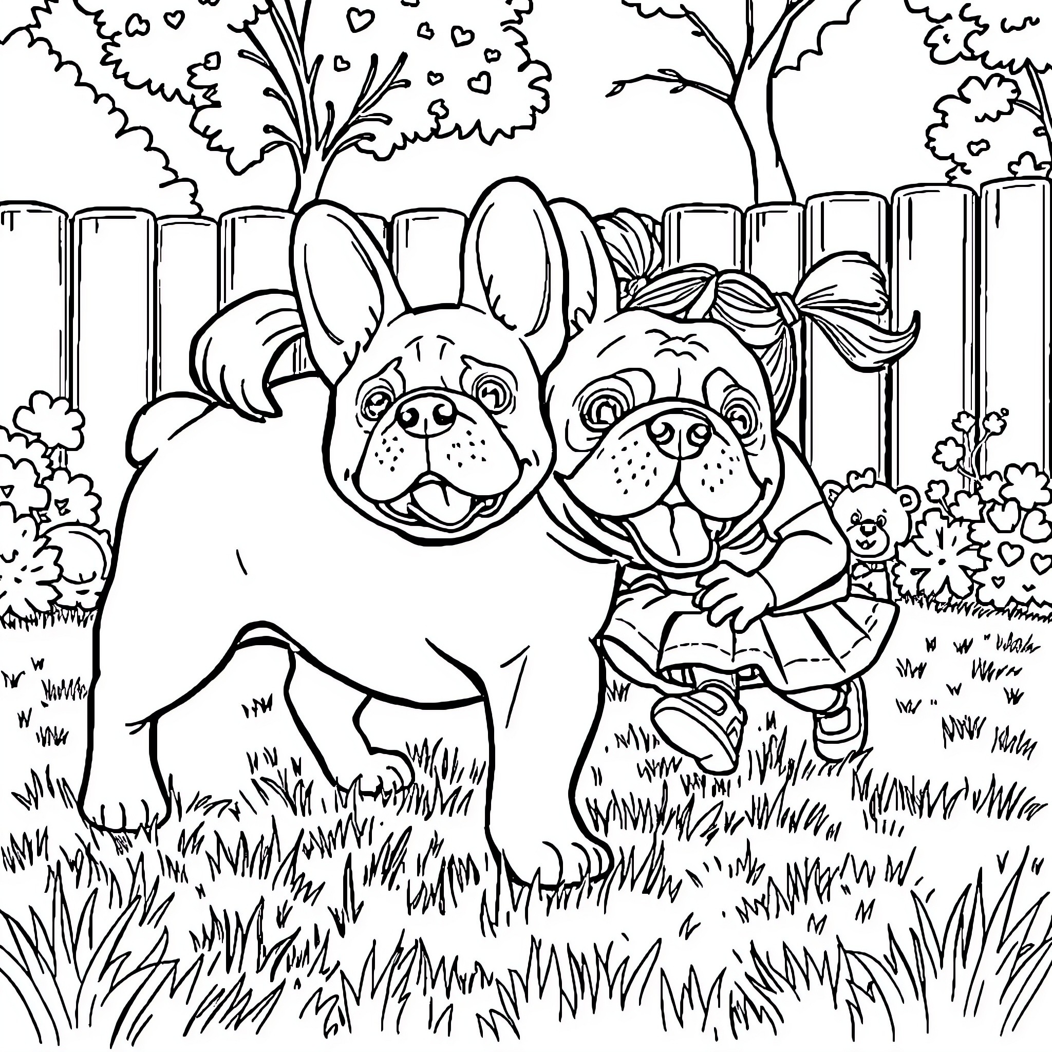 French Bulldogs playing dress-up in a fenced yard Coloring Page (free black-and-white line drawing printable PDF for all, from beginners to advanced learners, including children, teens, adults, and seniors)