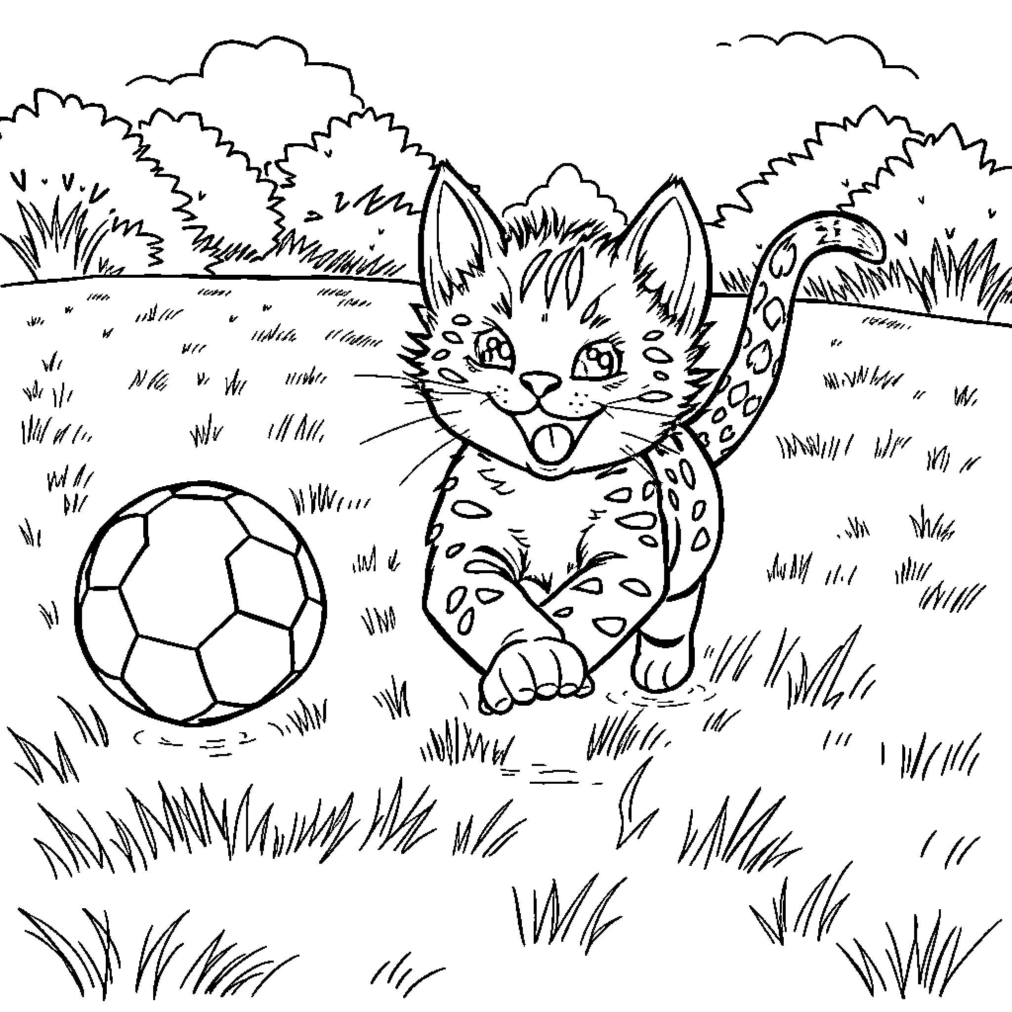 Kitten playing with soccer ball in the park Coloring Page (free black-and-white line drawing printable PDF for all, from beginners to advanced learners, including children, teens, adults, and seniors)