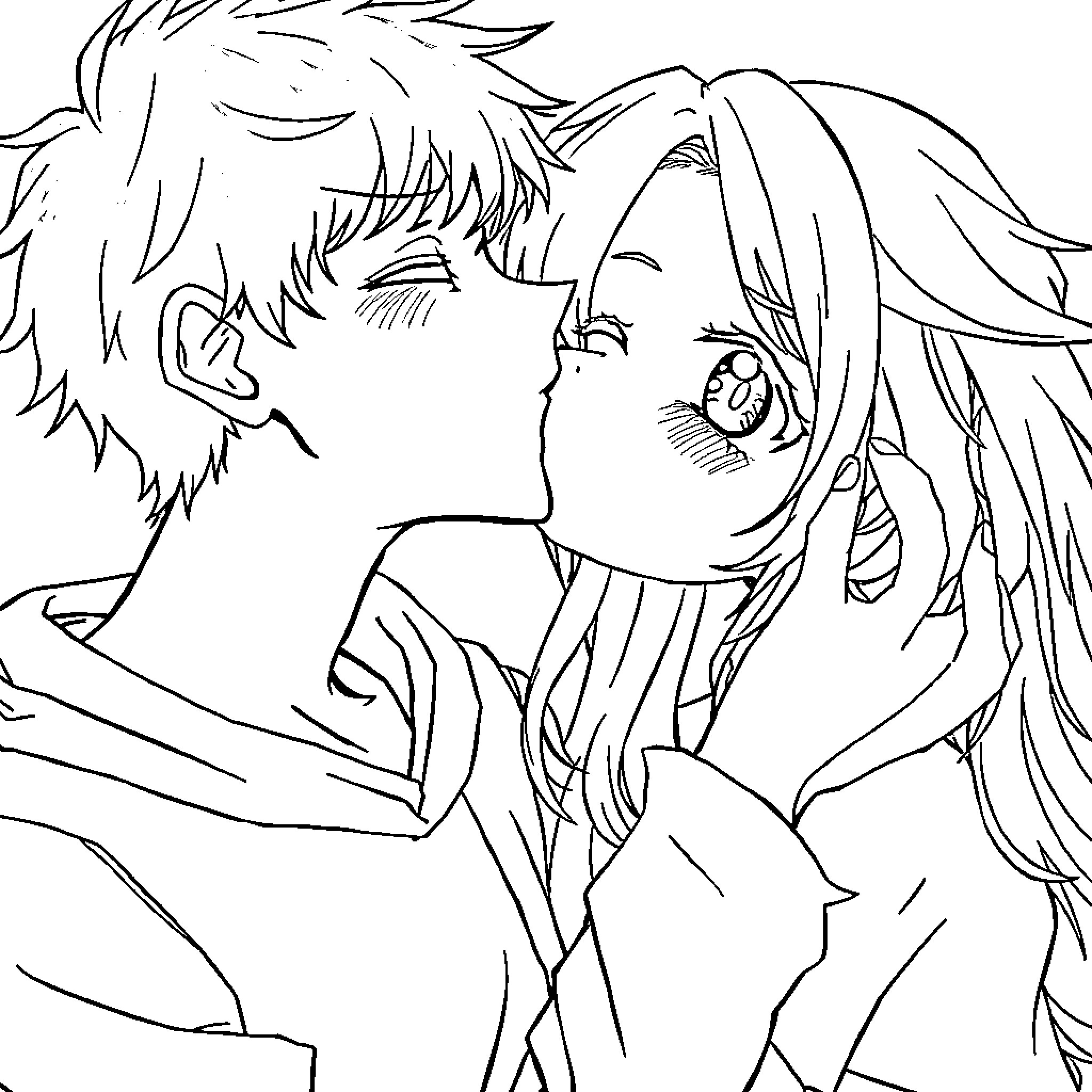 Anime Boy and Girl Embracing in Tender Moment Coloring Page (free black-and-white line drawing printable PDF for all, from beginners to advanced learners, including children, teens, adults, and seniors)