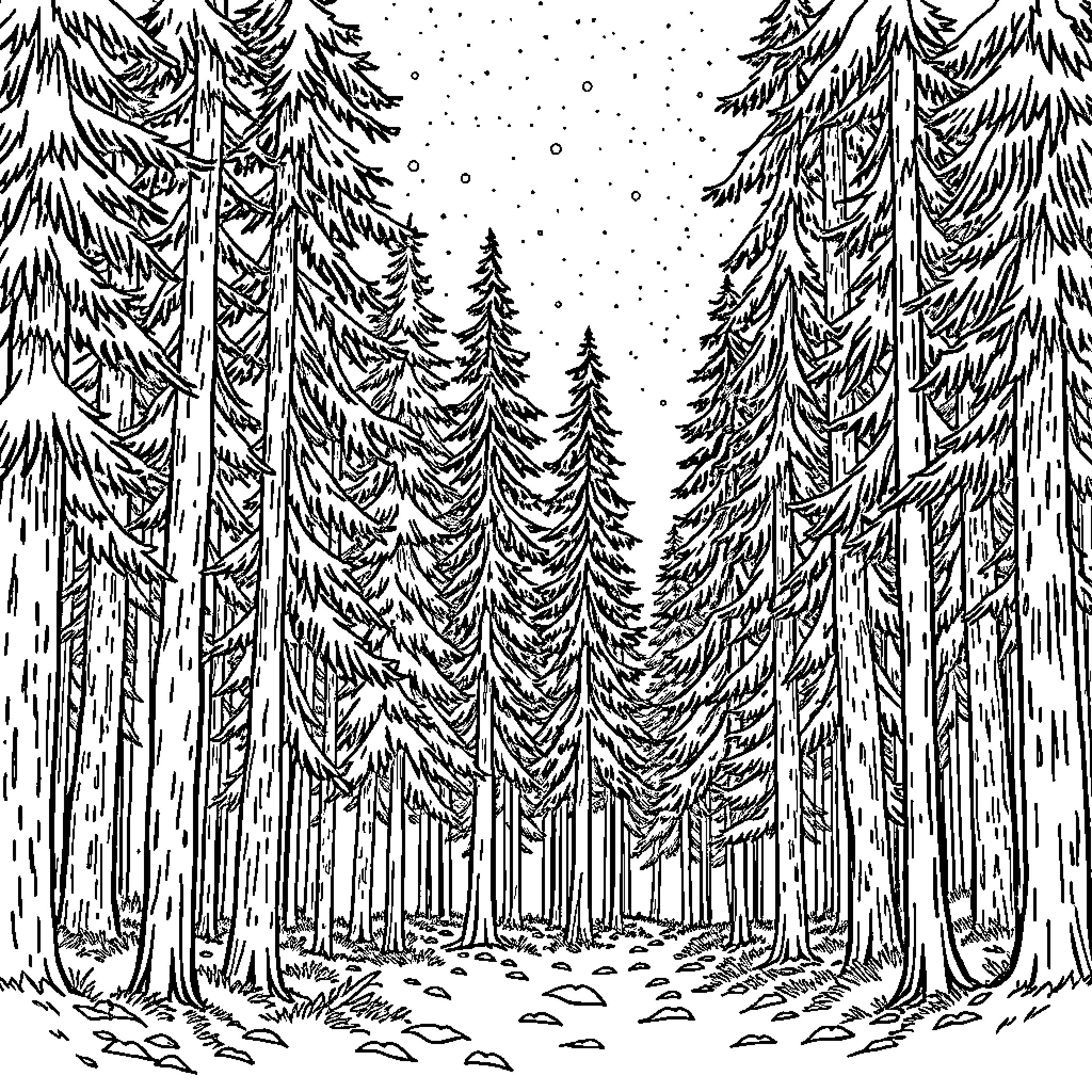 Night in the Snowy Forest Coloring Page (free black-and-white line drawing printable PDF for all, from beginners to advanced learners, including children, teens, adults, and seniors)