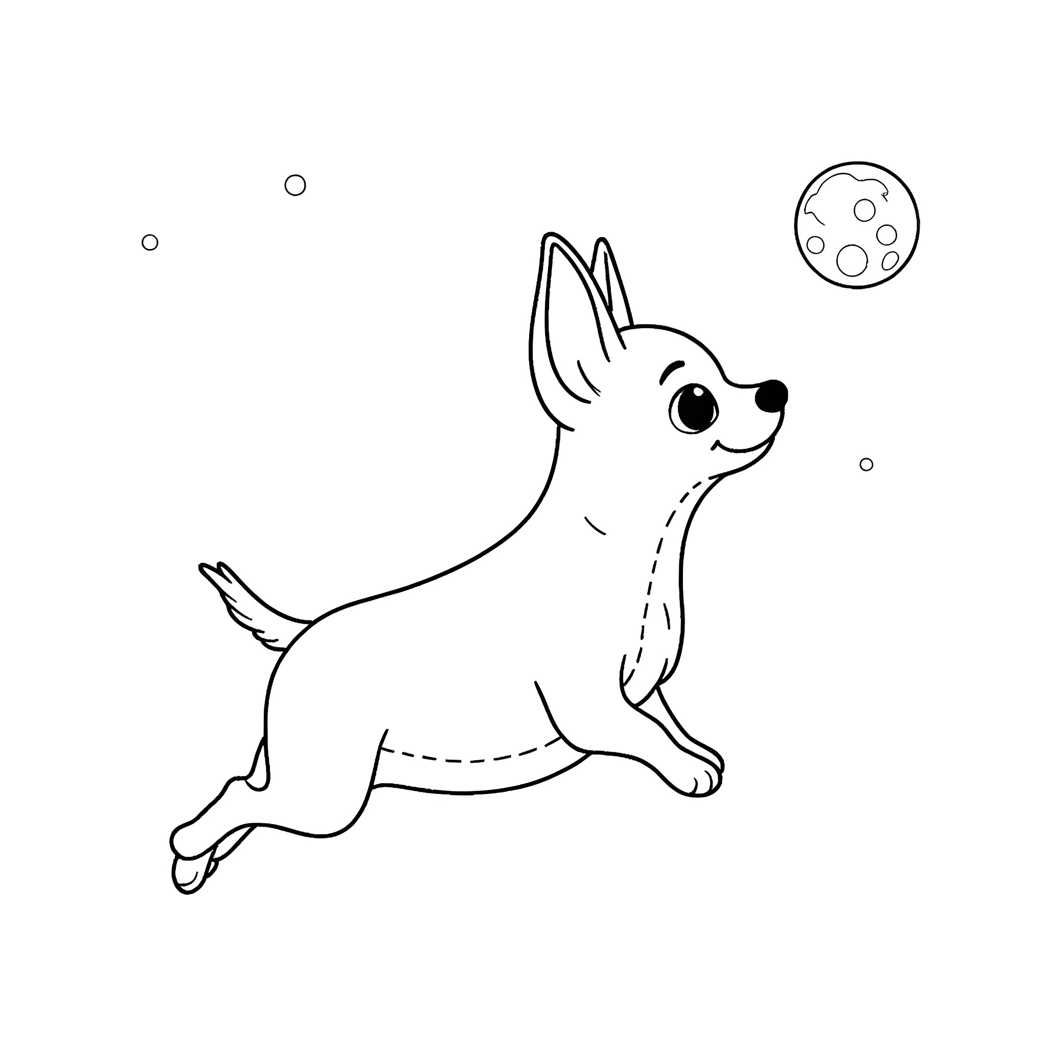 Chihuahua happily chasing a moon Coloring Page (free black-and-white line drawing printable PDF for all, from beginners to advanced learners, including children, teens, adults, and seniors)