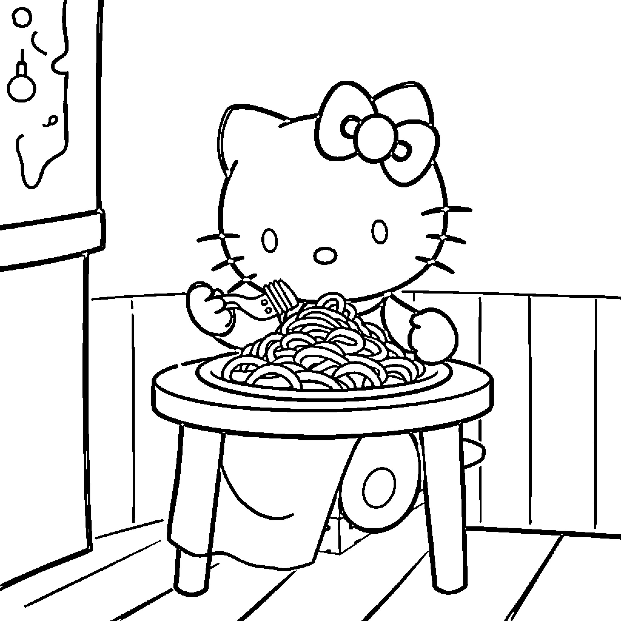 Hello Kitty enjoying a bowl of pasta Coloring Page (free black-and-white line drawing printable PDF for all, from beginners to advanced learners, including children, teens, adults, and seniors)