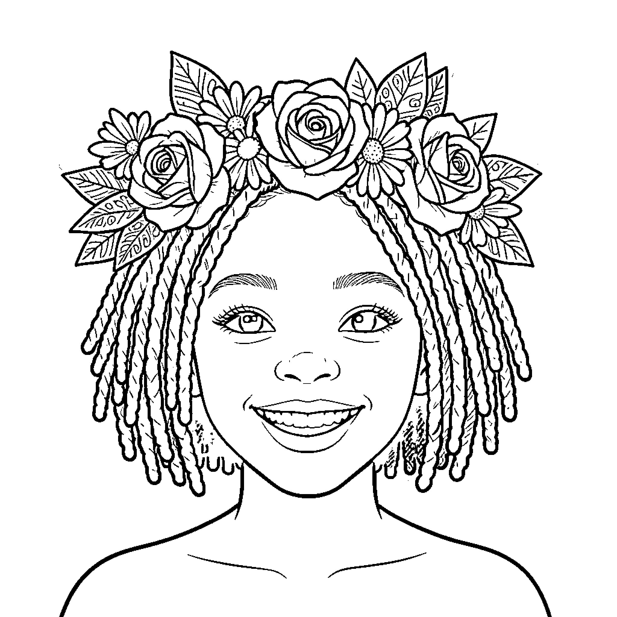 Girl with floral crown and braided hair Coloring Page (free black-and-white line drawing printable PDF for all, from beginners to advanced learners, including children, teens, adults, and seniors)