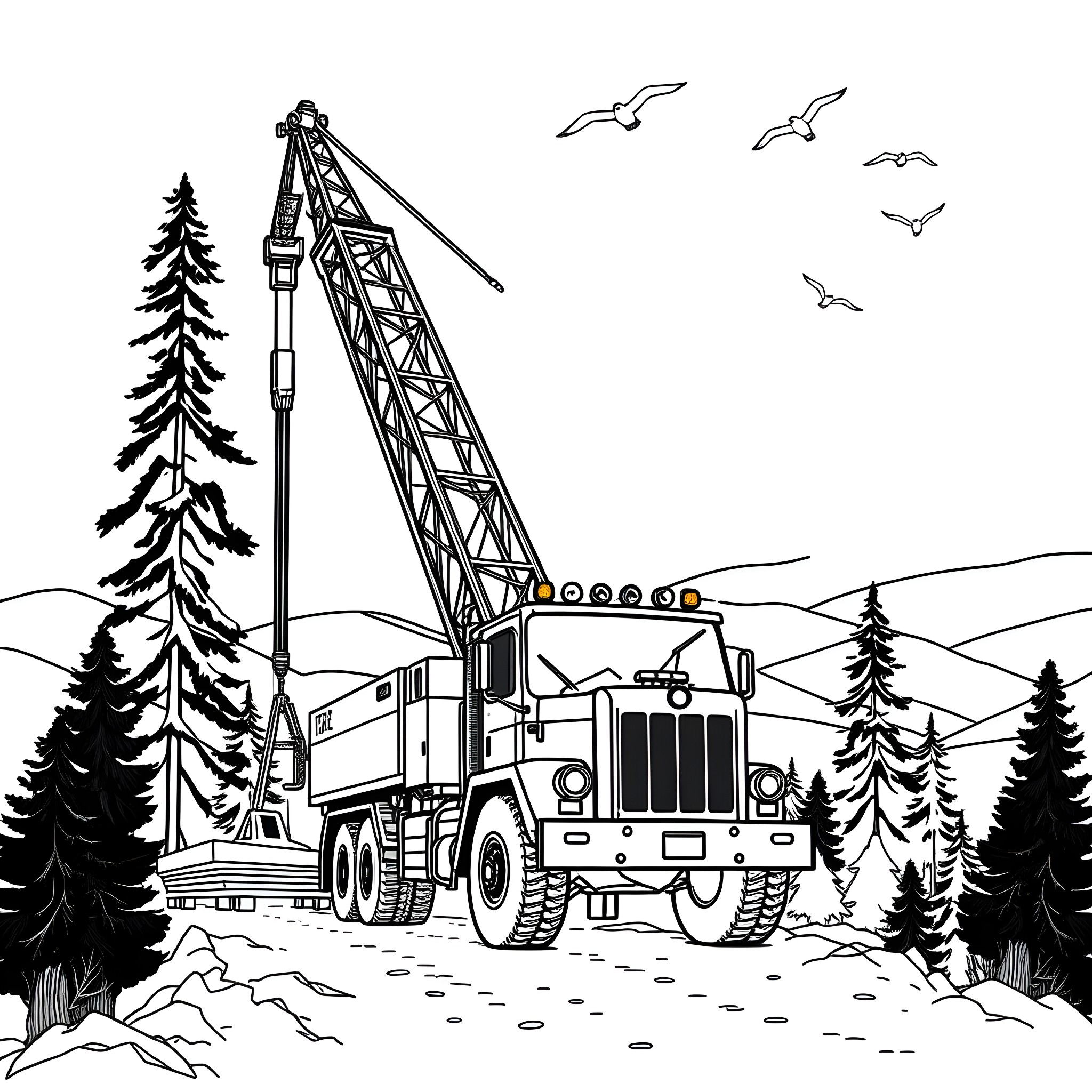 Crane Truck Transporting Load in Mountainous Landscape Coloring Page (free black-and-white line drawing printable PDF for all, from beginners to advanced learners, including children, teens, adults, and seniors)