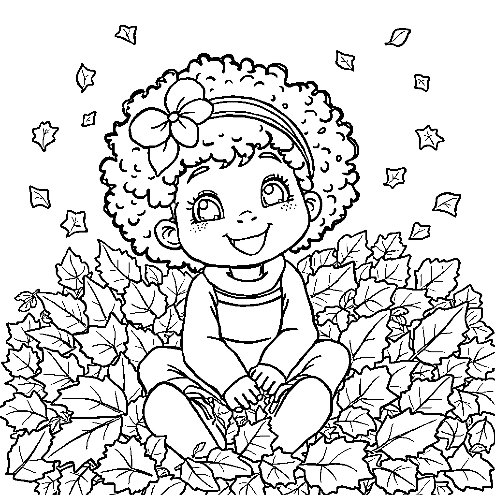 Girl surrounded by autumn leaves and flowers Coloring Page (free black-and-white line drawing printable PDF for all, from beginners to advanced learners, including children, teens, adults, and seniors)