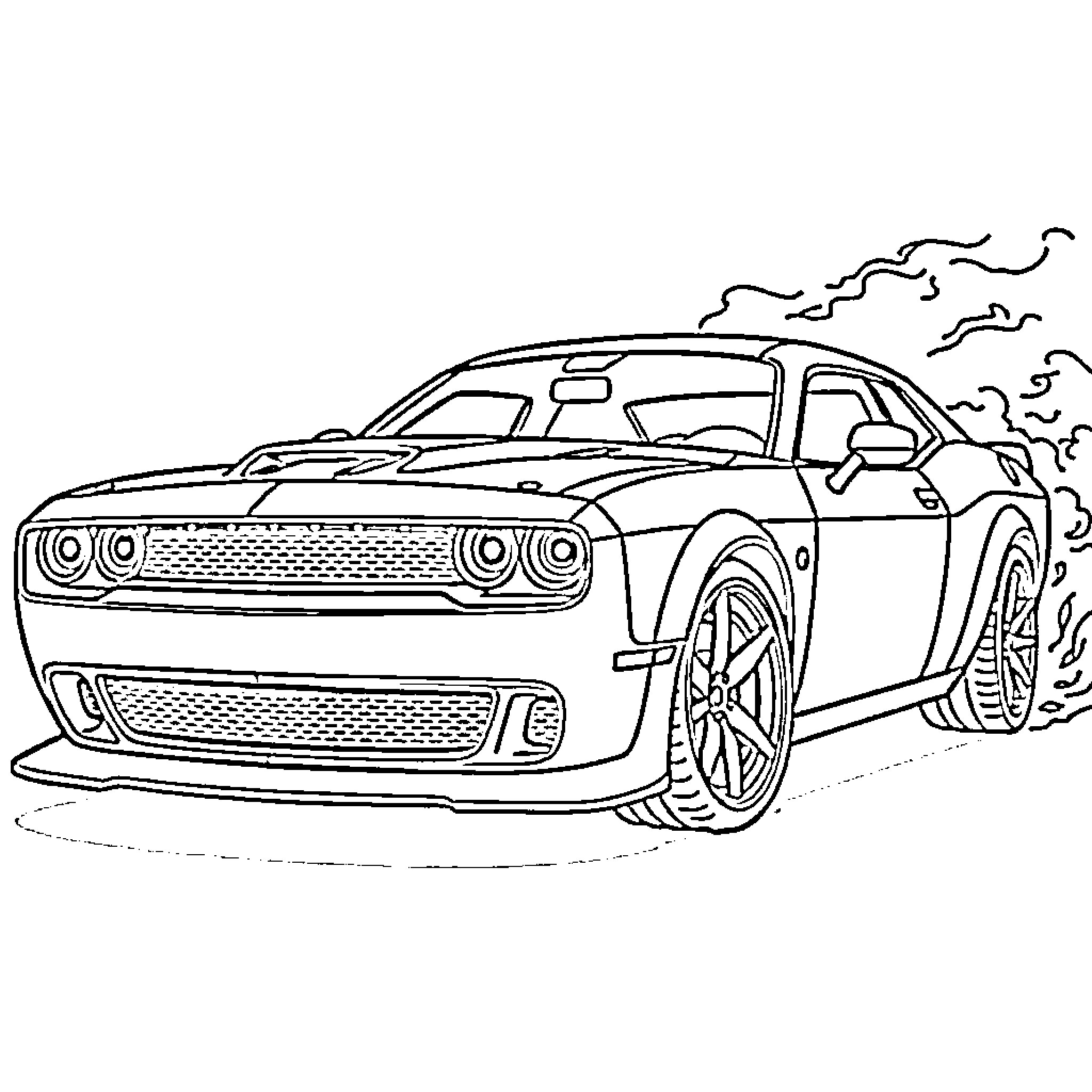 Hellcat racing down the street with power and speed Coloring Page (free black-and-white line drawing printable PDF for all, from beginners to advanced learners, including children, teens, adults, and seniors)