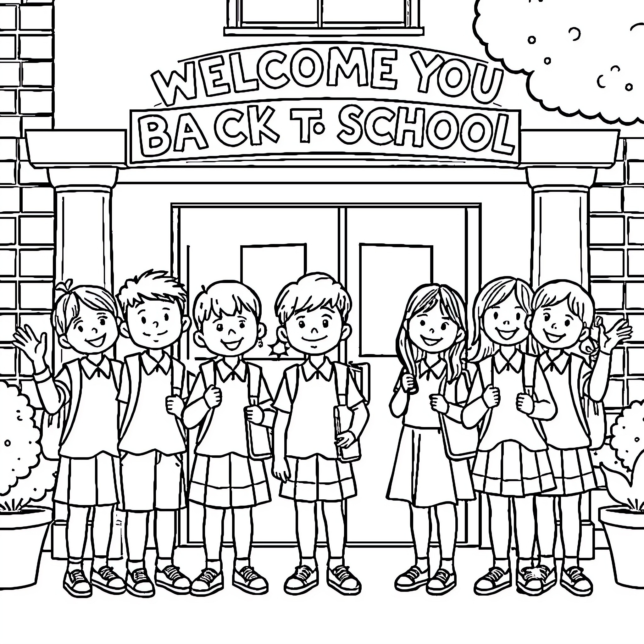 Students Excited for the New School Year Coloring Page (free black-and-white line drawing printable PDF for all, from beginners to advanced learners, including children, teens, adults, and seniors)