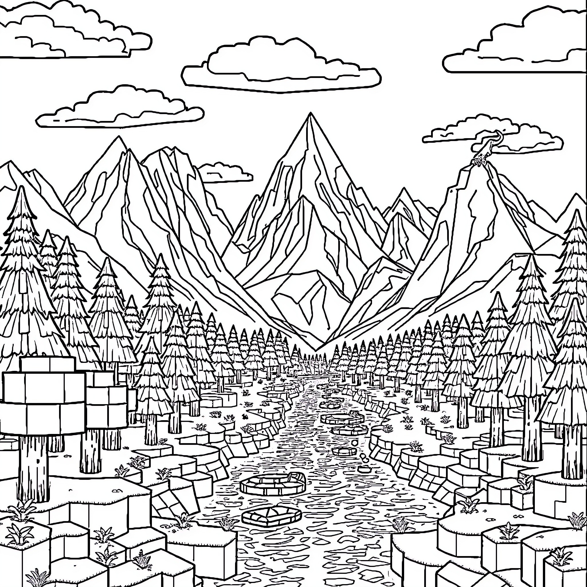 Minecraft mountainous landscape with trees and buildings Coloring Page (free black-and-white line drawing printable PDF for all, from beginners to advanced learners, including children, teens, adults, and seniors)
