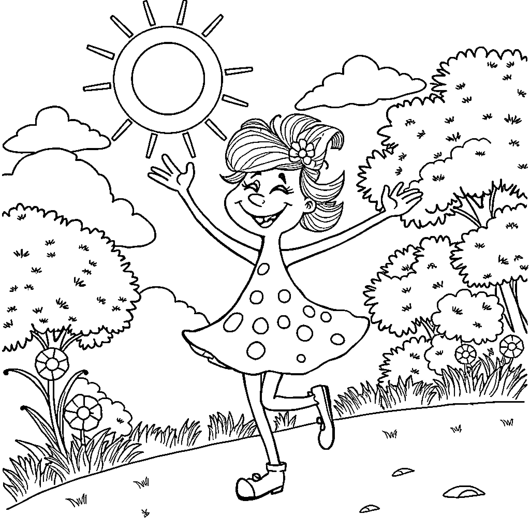 Feeya's Joyous Springtime Dance Coloring Page (free black-and-white line drawing printable PDF for all, from beginners to advanced learners, including children, teens, adults, and seniors)