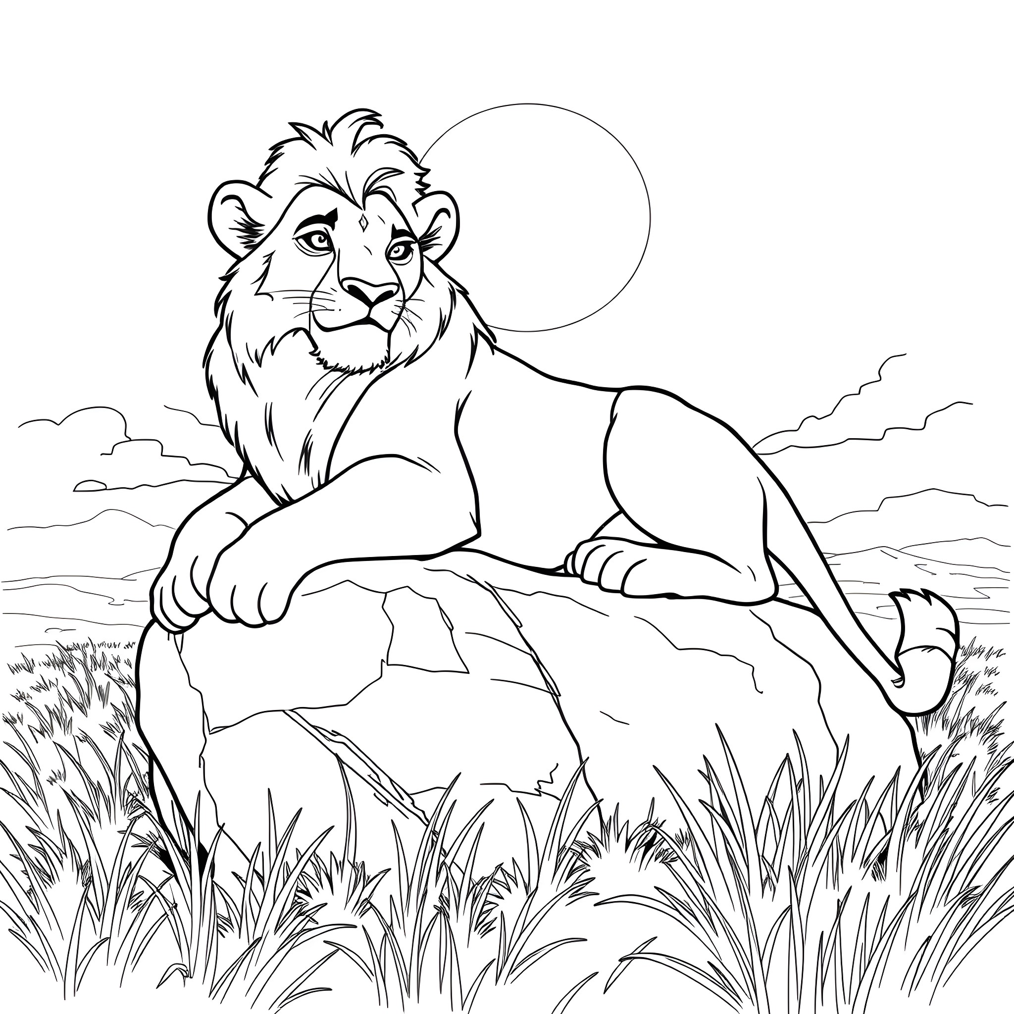 Simba the lion proudly standing in the savanna Coloring Page (free black-and-white line drawing printable PDF for all, from beginners to advanced learners, including children, teens, adults, and seniors)